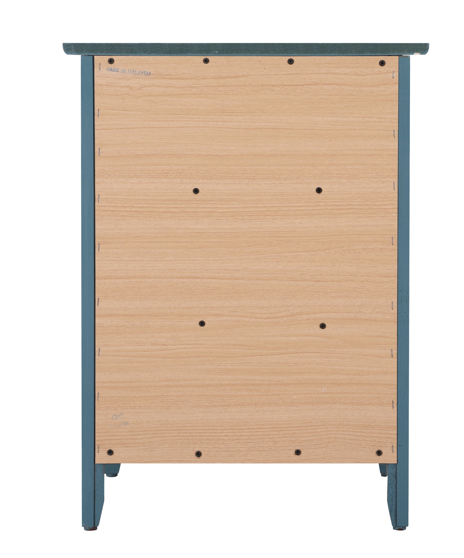 Back view of teal wooden dresser showing particle board panel and metal hardware