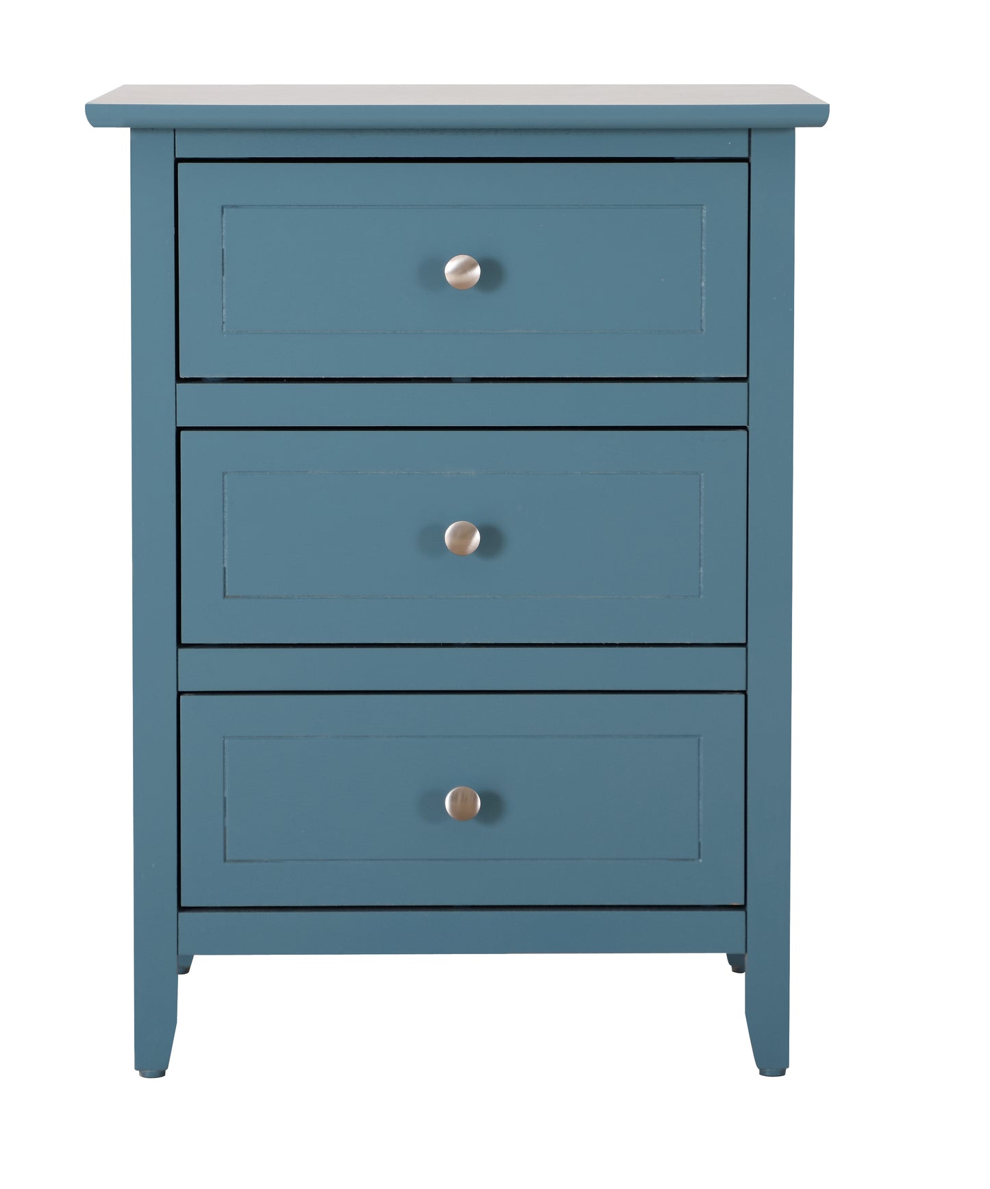 Blue wooden bedside table with three drawers and silver knobs