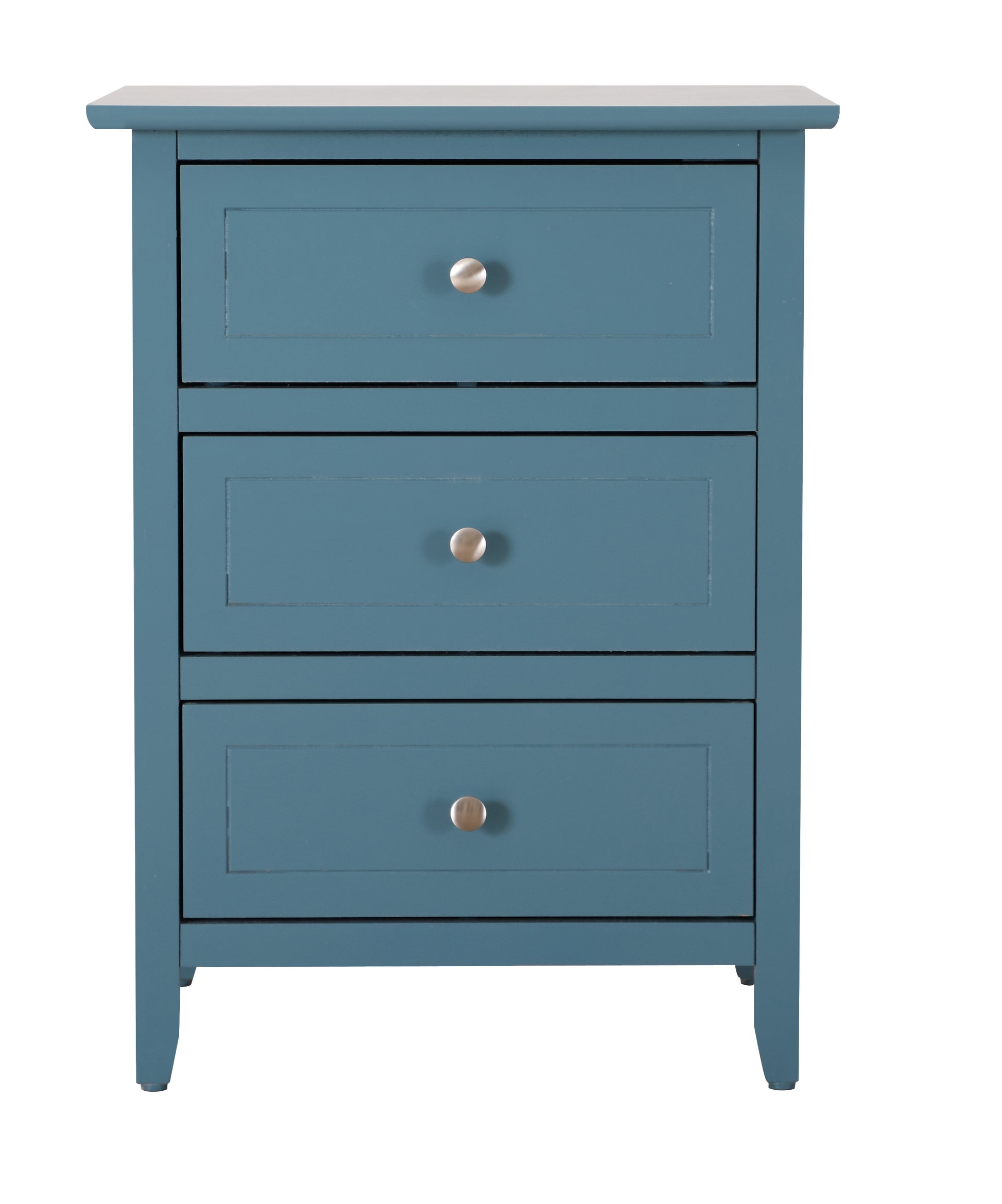 Blue wooden bedside table with three drawers and silver knobs