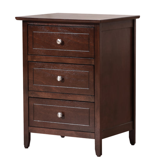 Dark brown wooden nightstand with three drawers and silver knobs