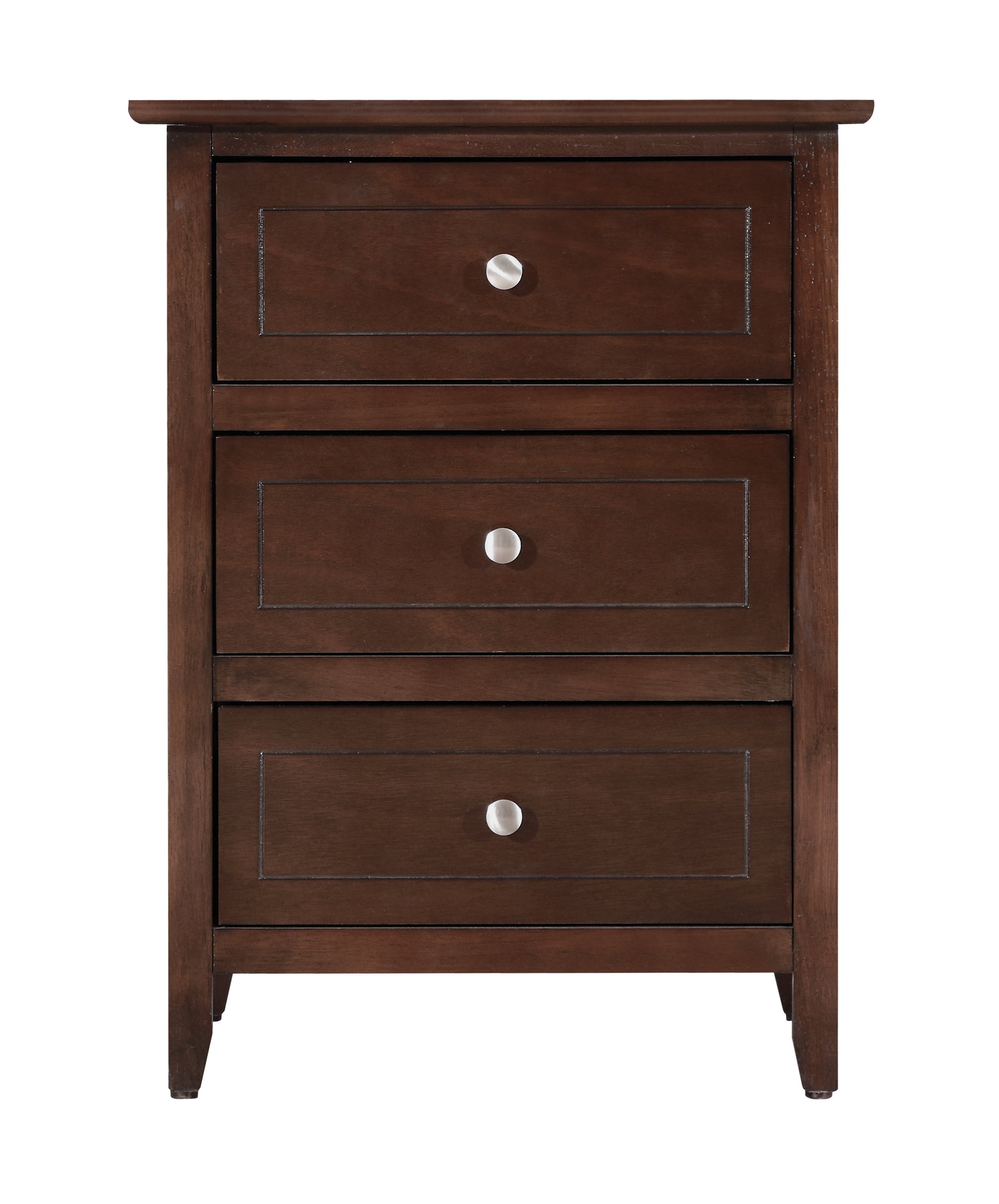 Rich dark wood nightstand with three drawers and brushed nickel hardware ideal for bedrooms