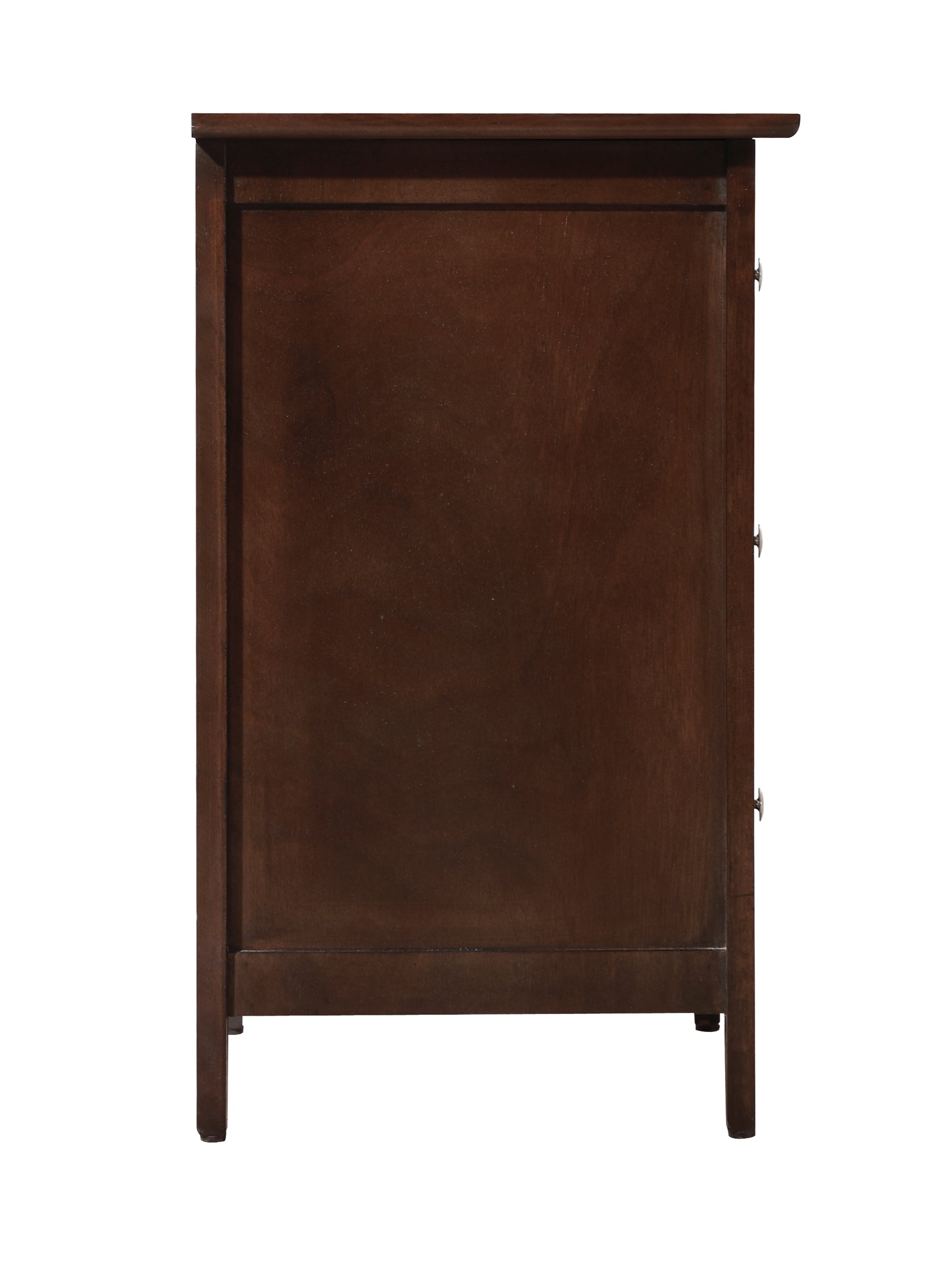 Dark brown wood chest of drawers side view with clean lines and brushed nickel knobs
