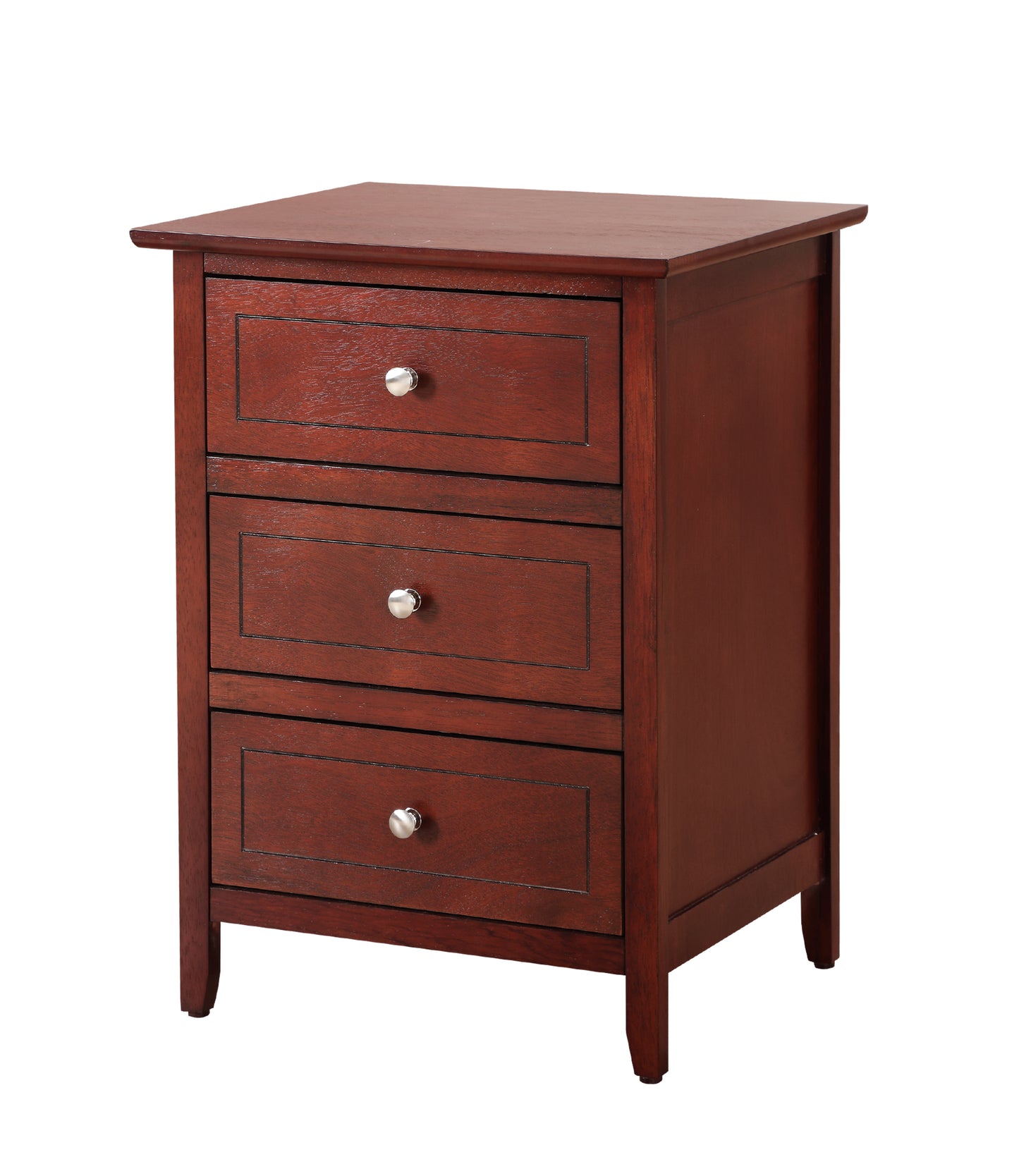 Solid wood bedside table with three drawers dark cherry finish and silver knobs