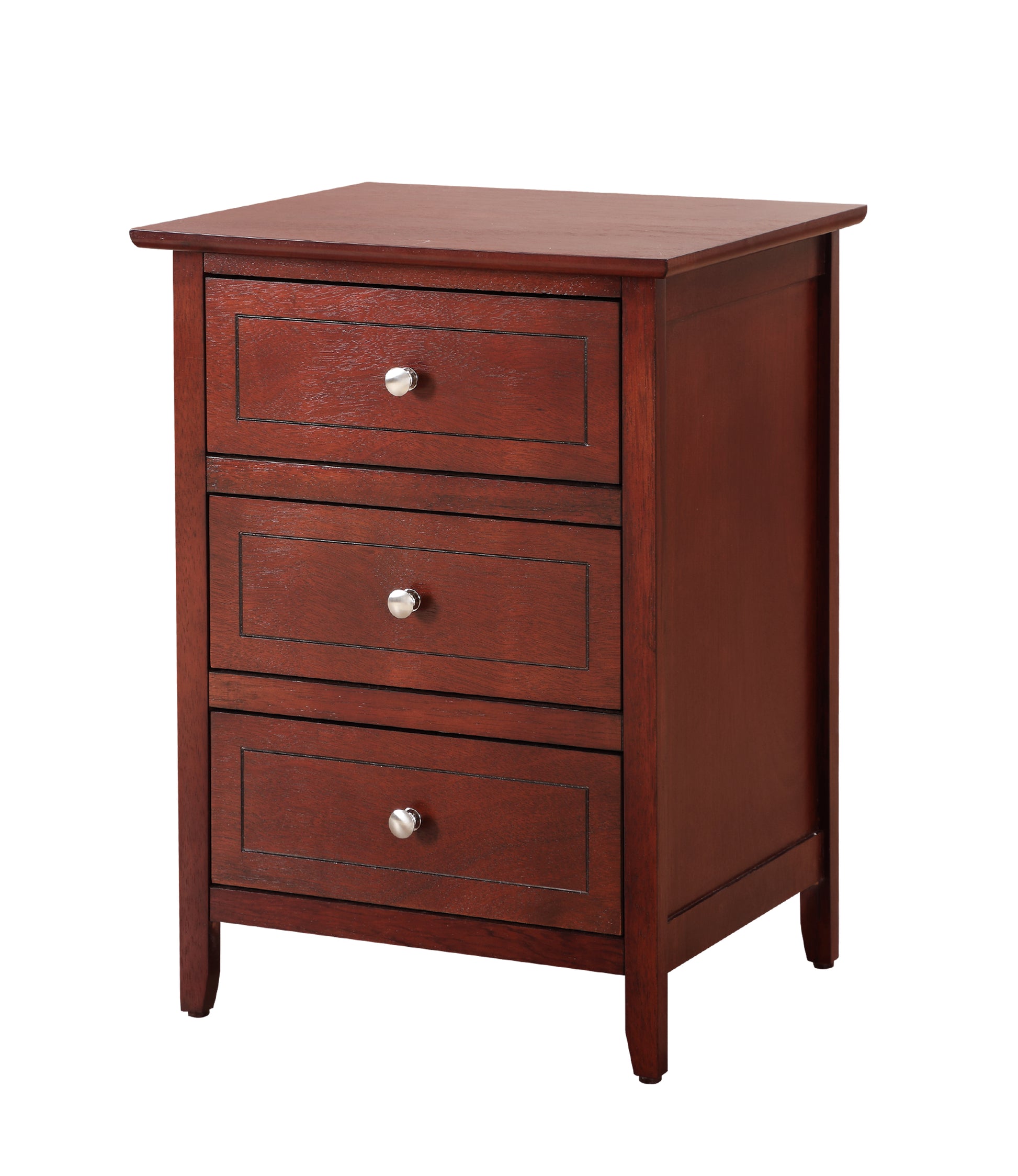 Solid wood bedside table with three drawers dark cherry finish and silver knobs