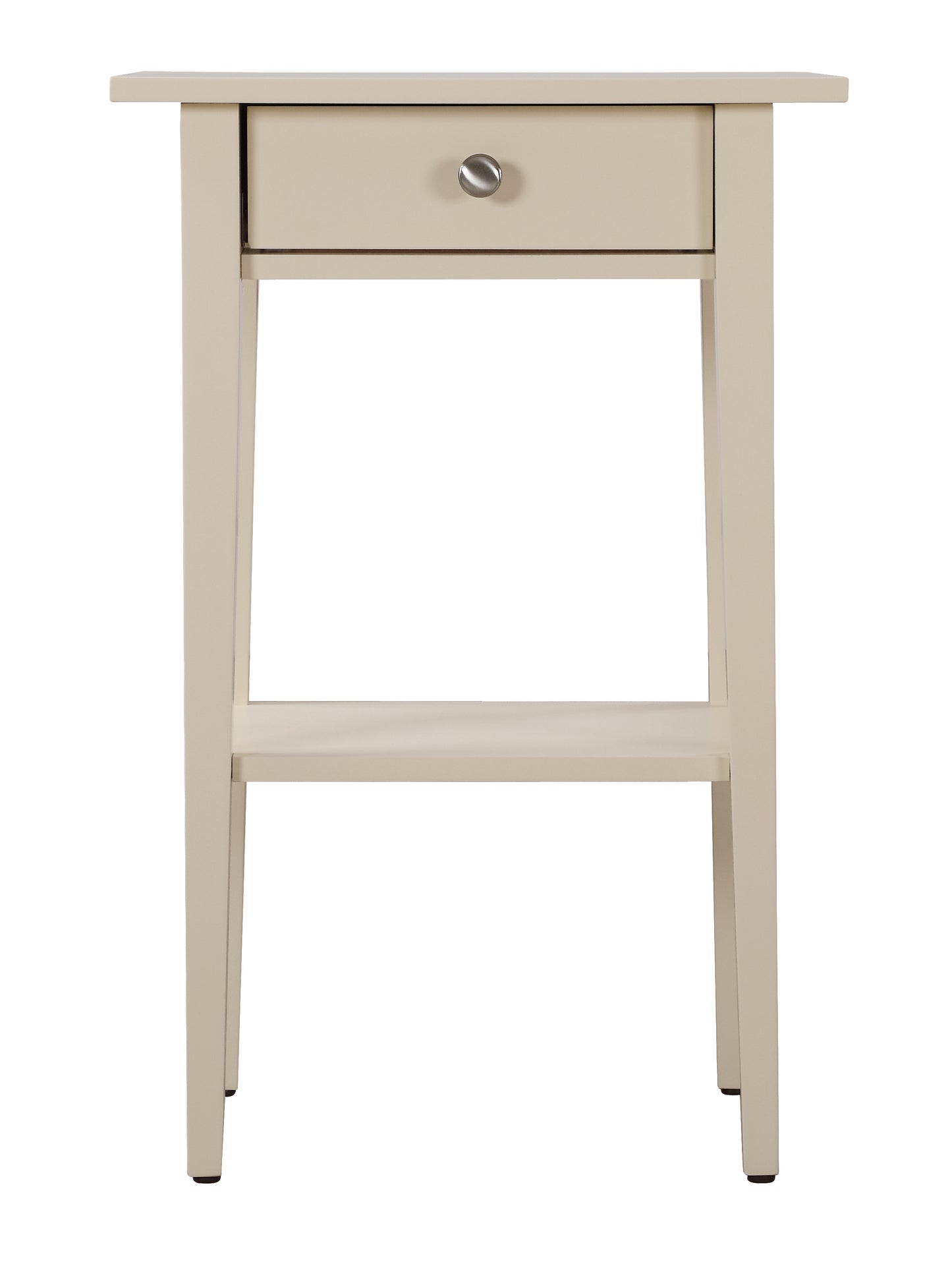 Creamcolored narrow side table with a single drawer and lower shelf