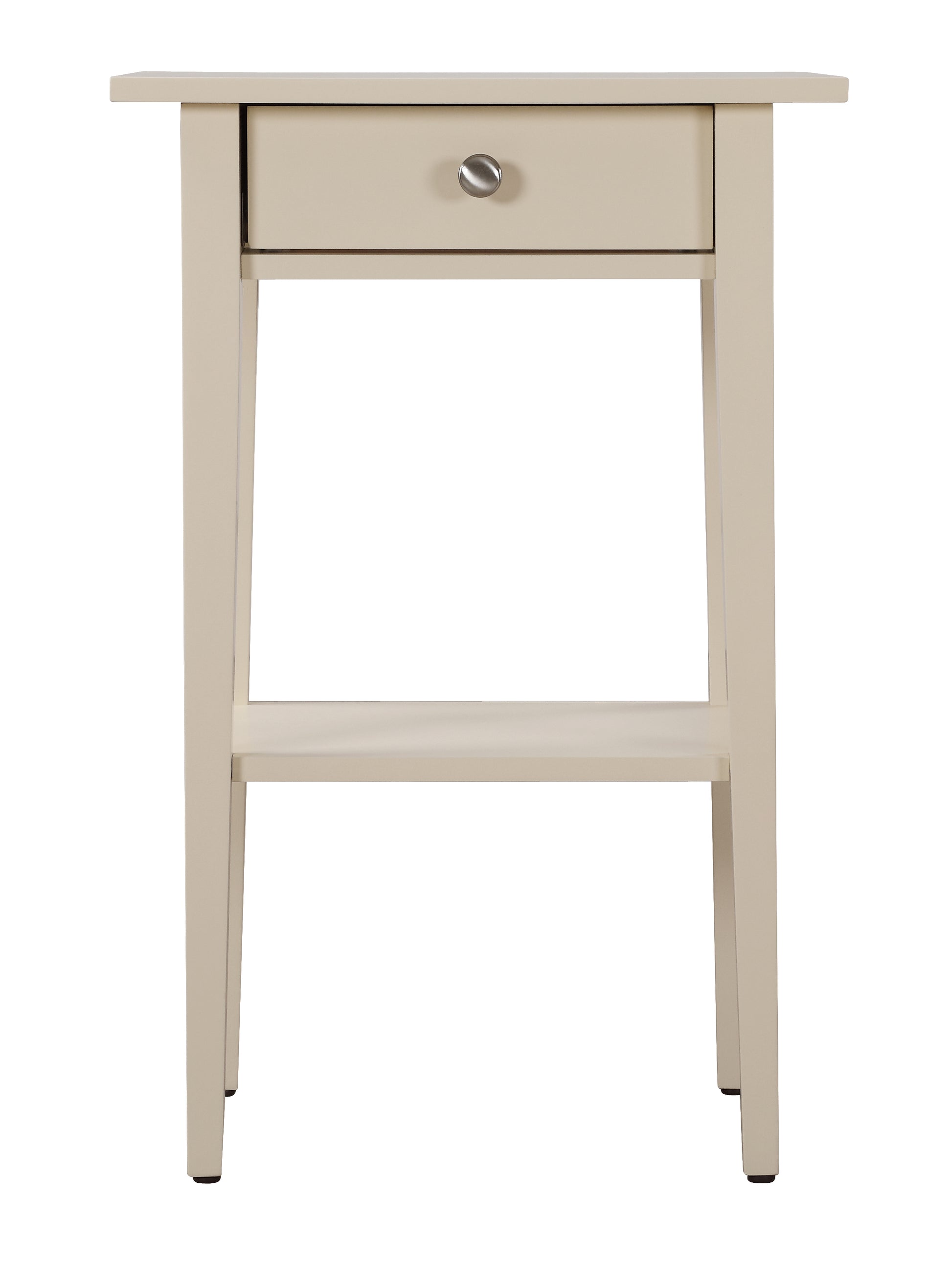 Creamcolored narrow side table with a single drawer and lower shelf