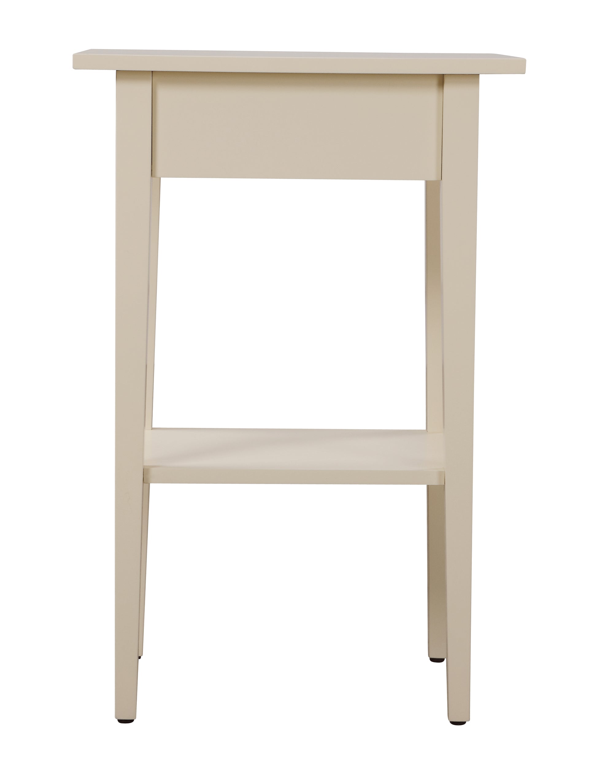Cream wooden accent table with one drawer and a lower shelf