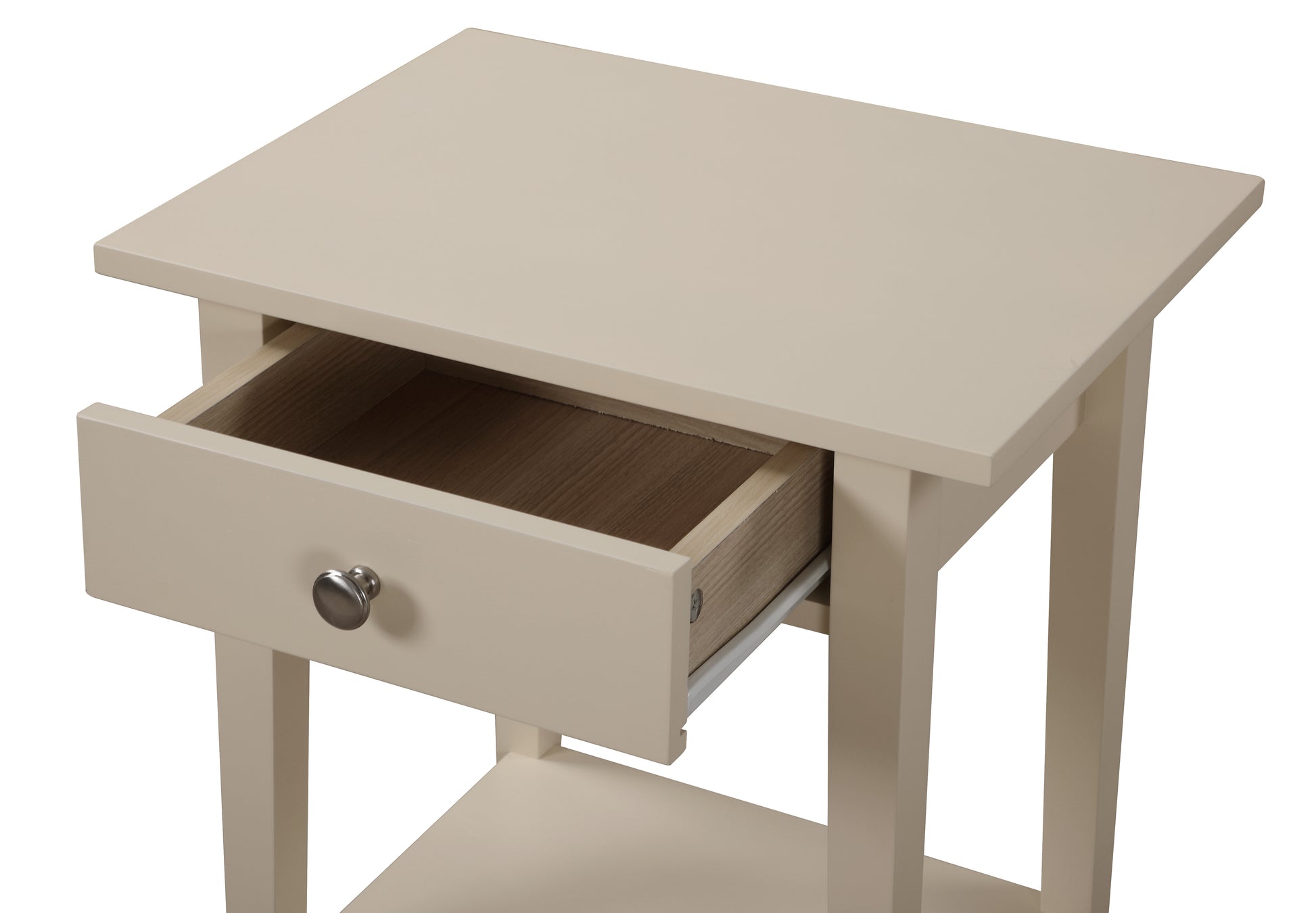 Beige wooden accent table with one open drawer showing its interior
