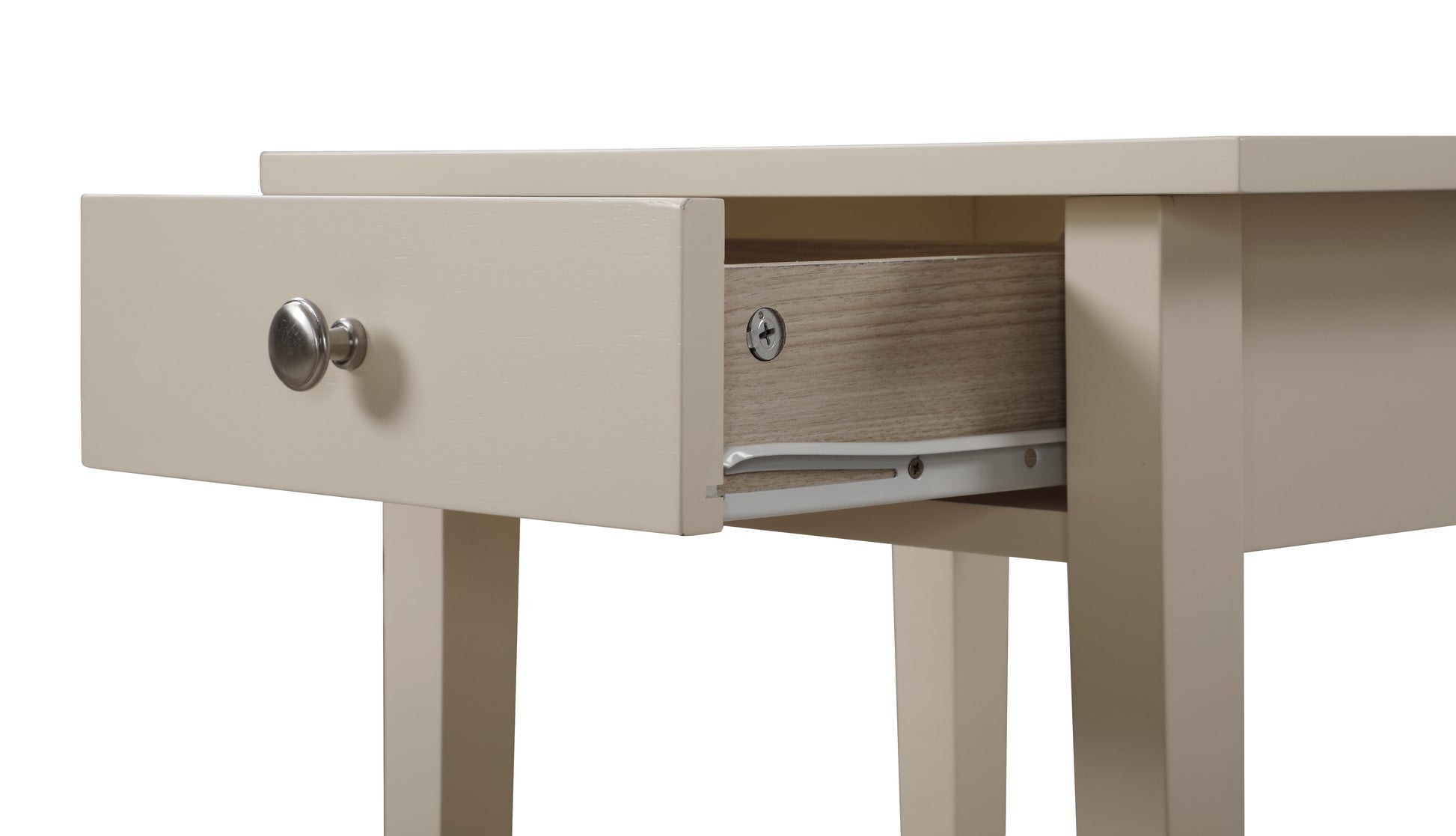 Beige wooden nightstand with one open drawer and silver knob
