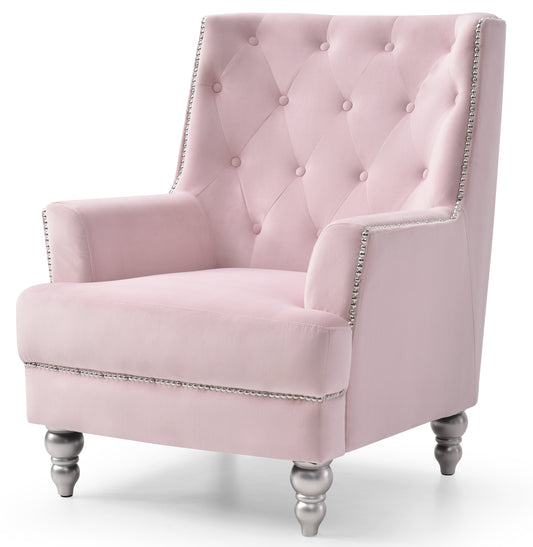 Elegant pink velvet armchair with diamond tufting and silver nailhead trim