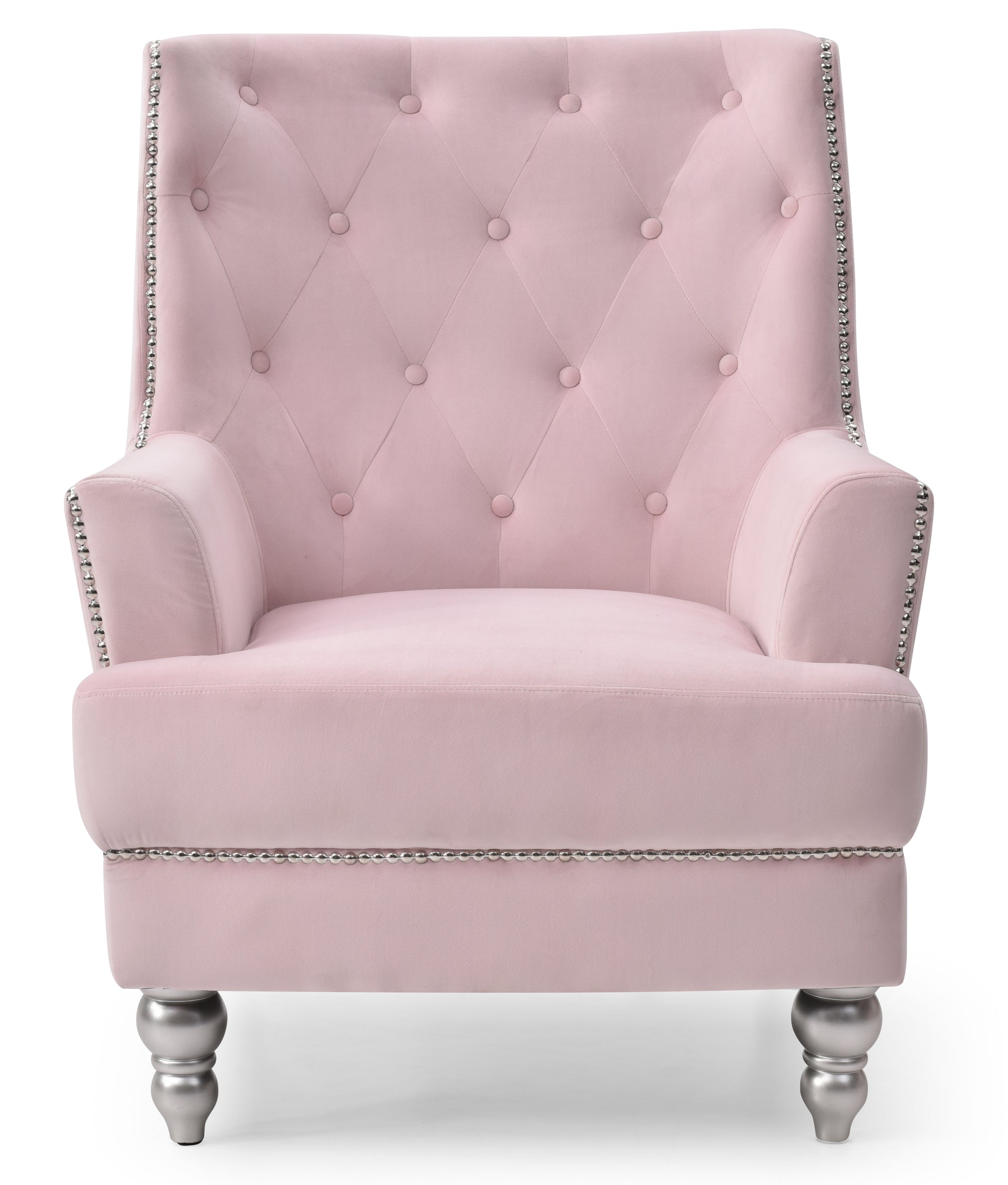 Pink velvet wingback armchair with silver nailhead trim and round legs