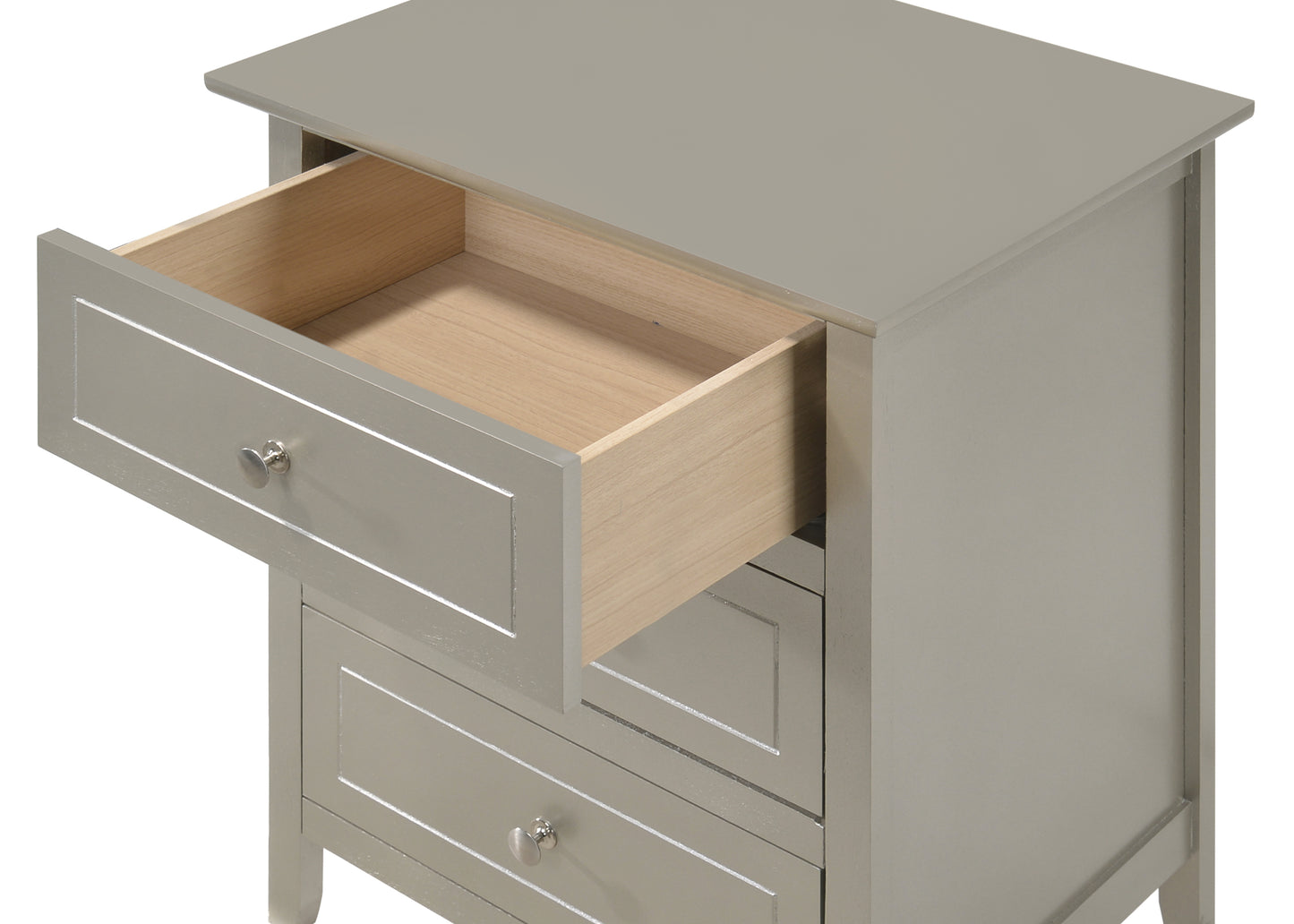 Grey wooden nightstand with one drawer open revealing natural wood interior