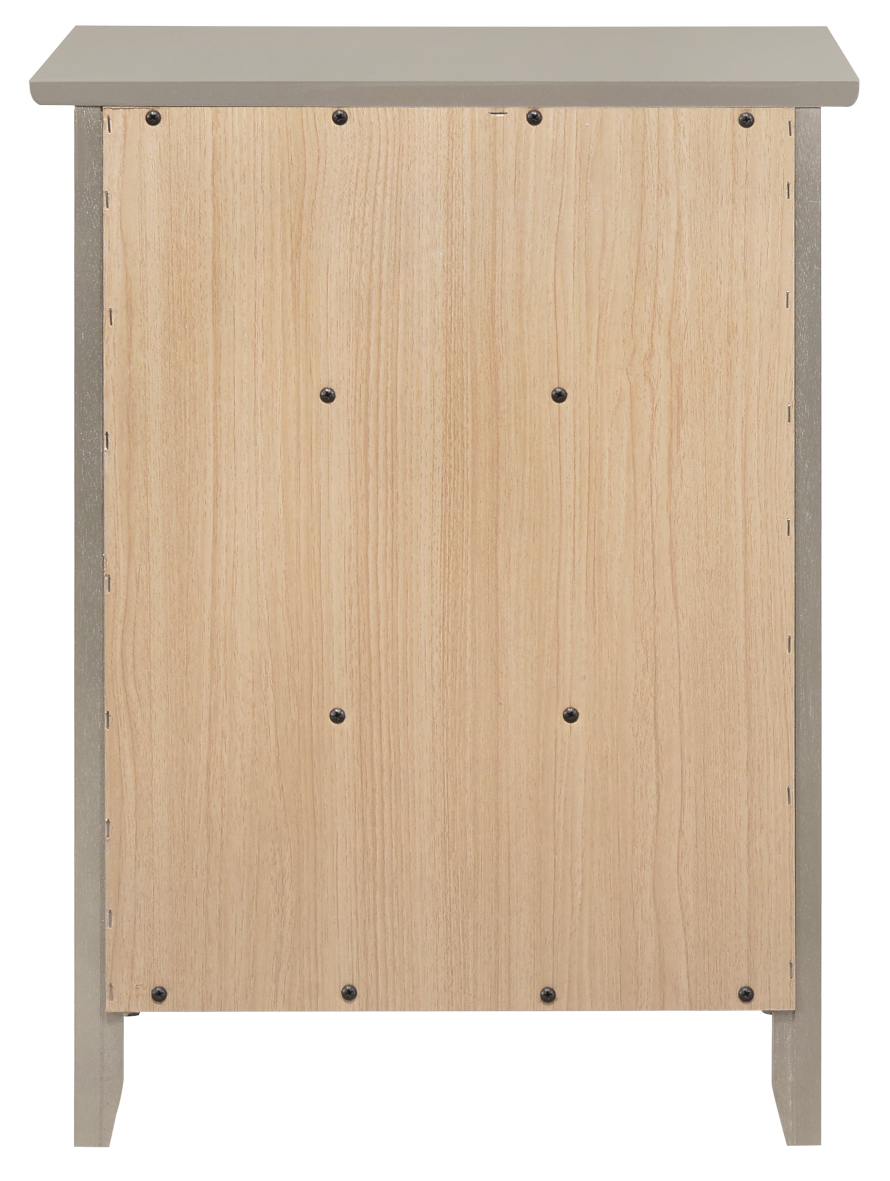 Back view of a greyframed wooden cabinet with visible screws