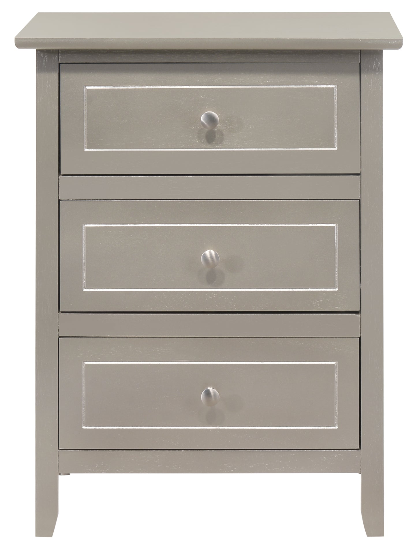 Grey threedrawer nightstand with inset drawer panels and silver knobs