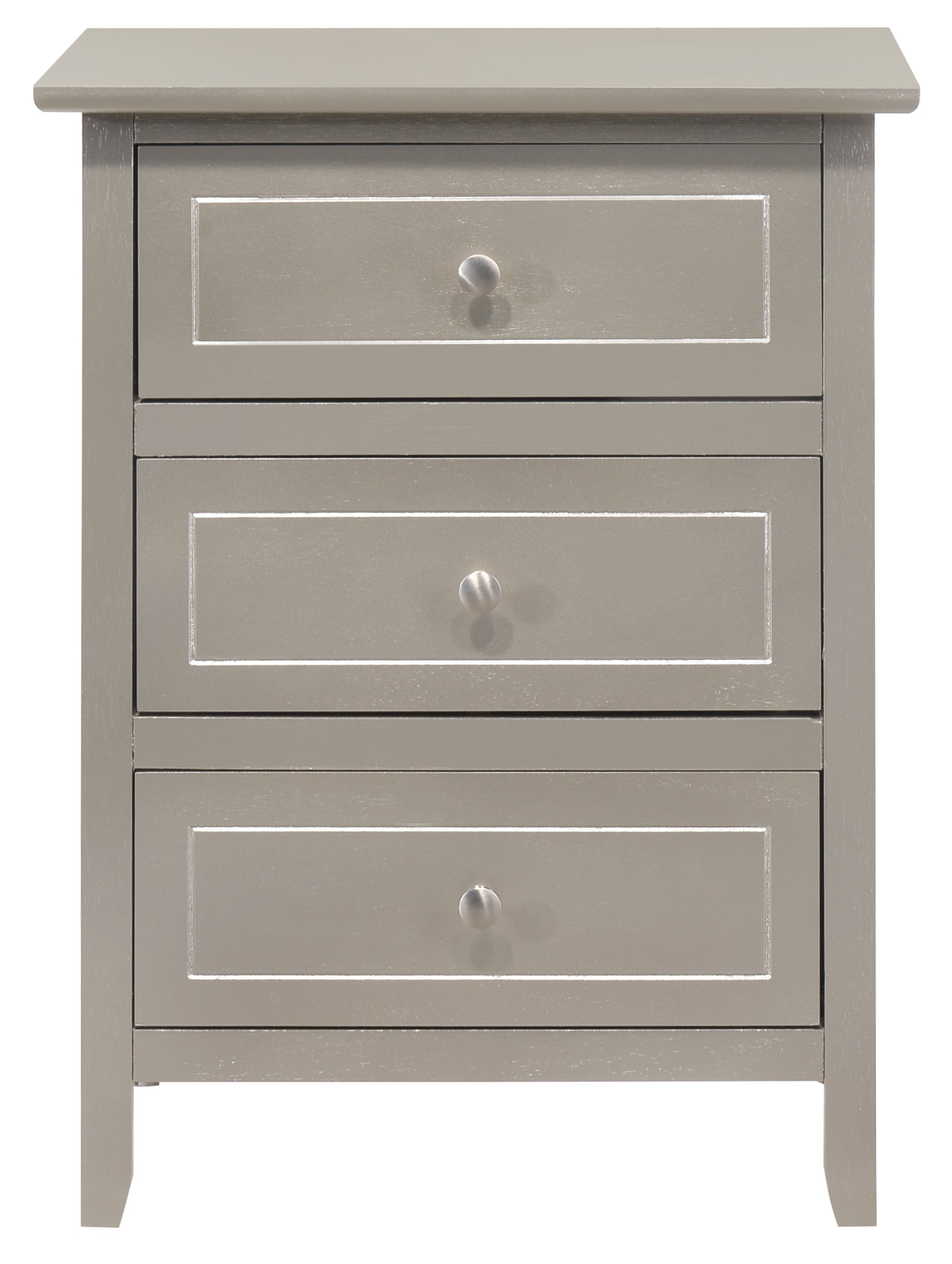Grey threedrawer nightstand with inset drawer panels and silver knobs