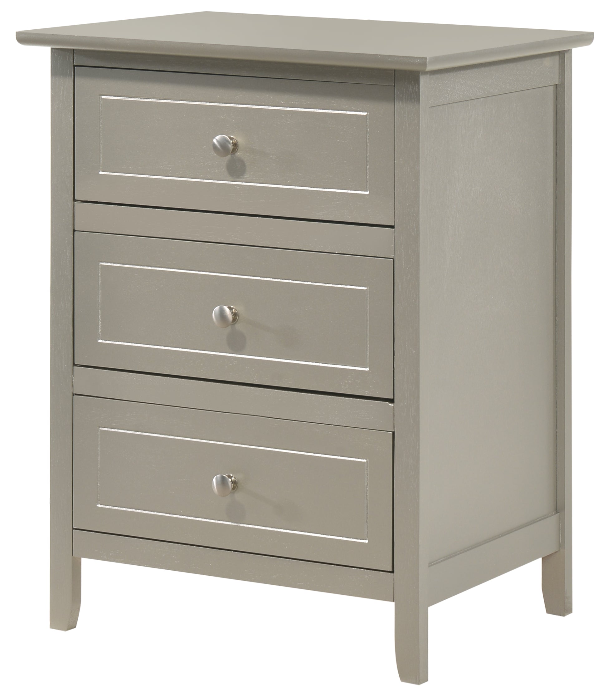 Gray wooden nightstand with three drawers and silver knobs