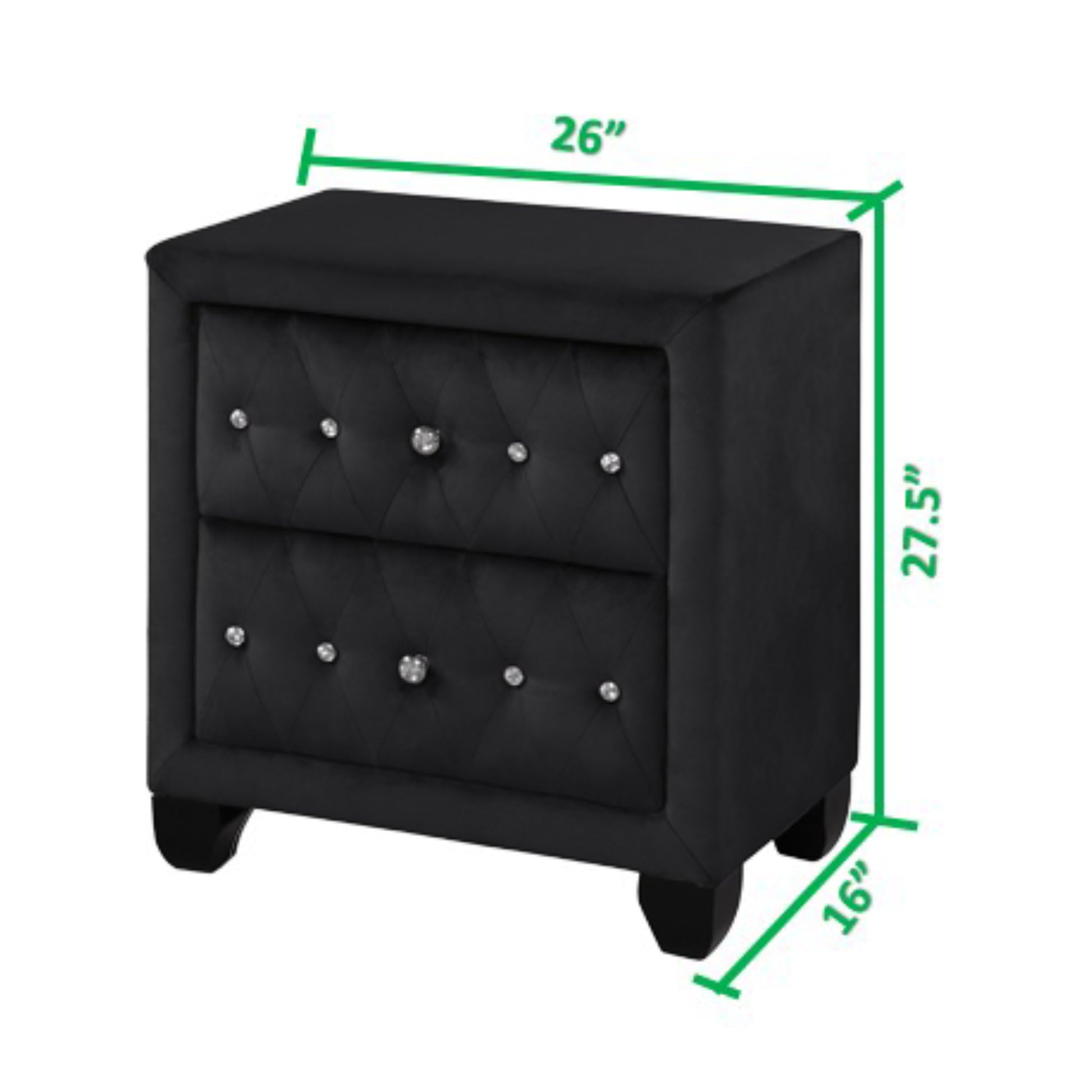 Black velvet nightstand with diamond tufting and crystal knobs
