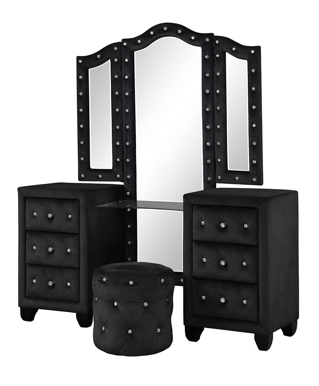 Black velvet tufted vanity set with mirrored drawers and crystal accents