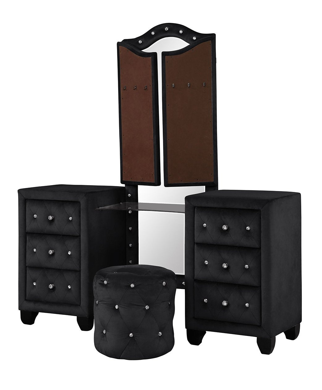 Black velvet vanity set with diamondtufted drawers and mirror
