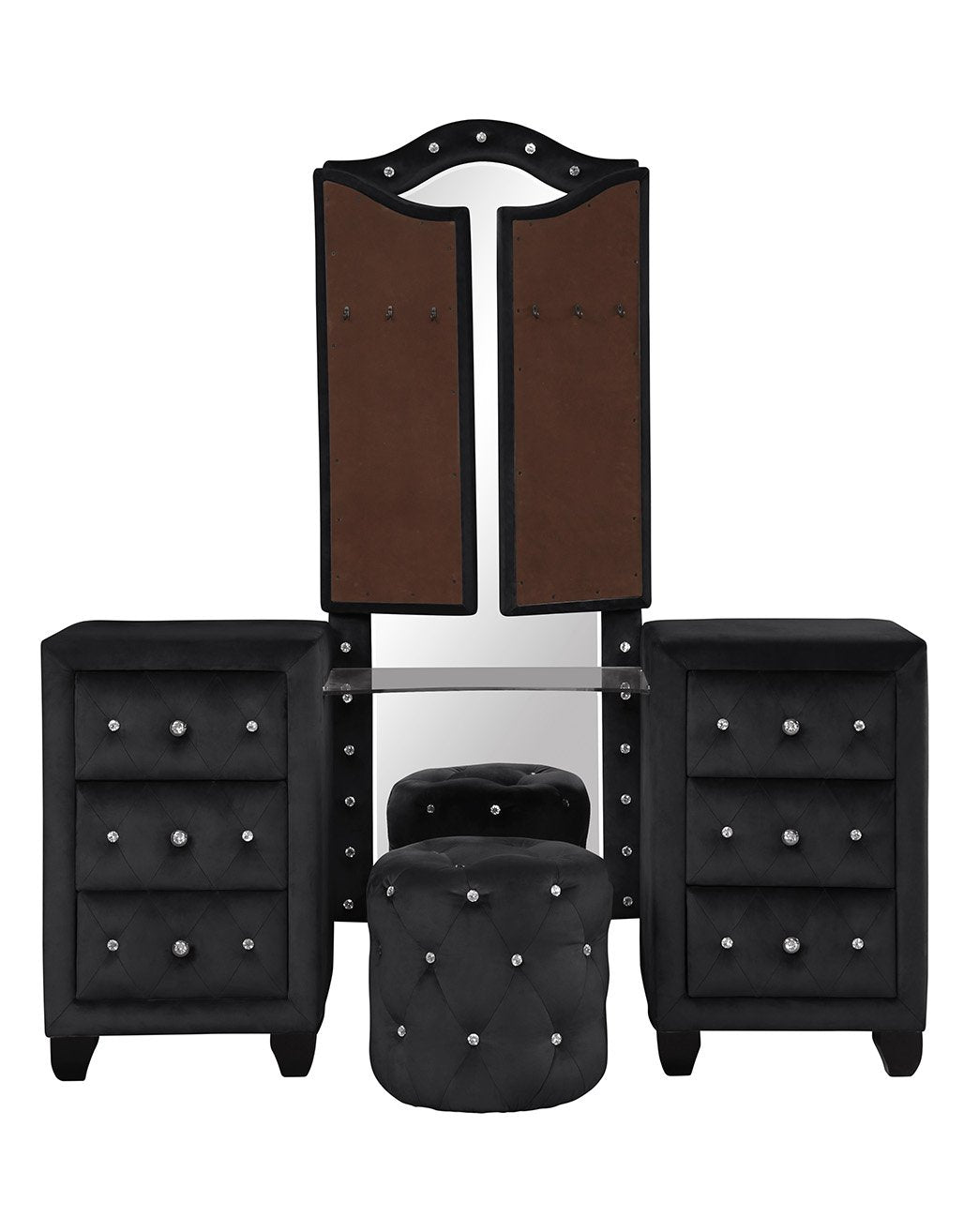 Black velvet vanity set with crystal accents and two drawers