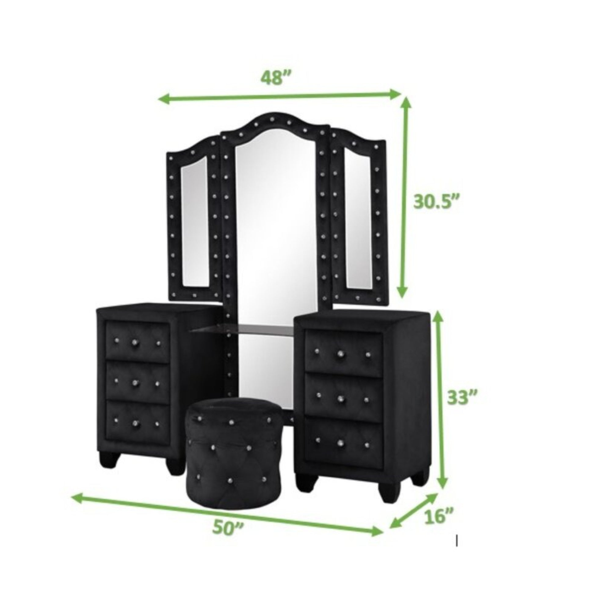 Black velvet vanity set with crystal accents and trifold mirror