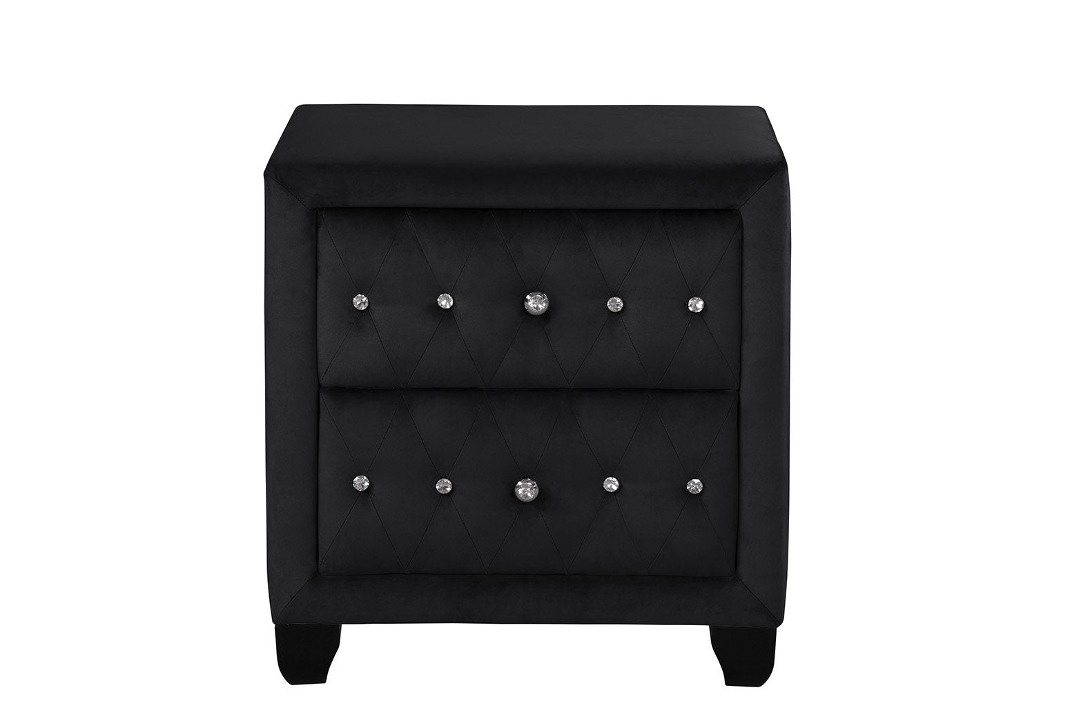 Black velvet nightstand with diamond tufting and crystal knobs