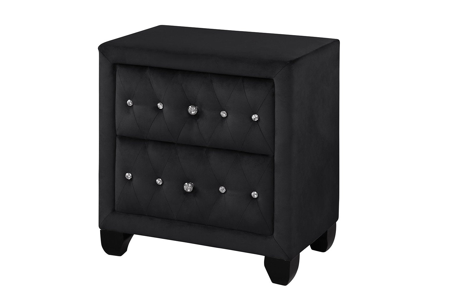 Black velvet nightstand with two drawers featuring crystal accents