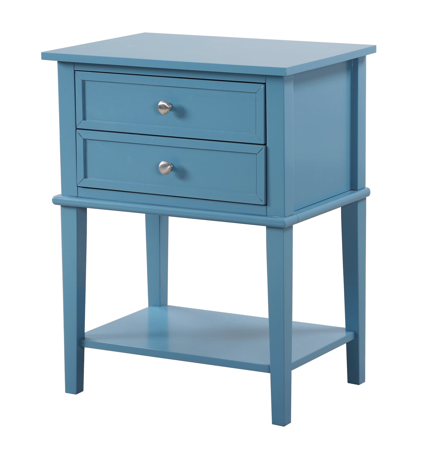 Blue wooden bedside table with two drawers and a lower shelf