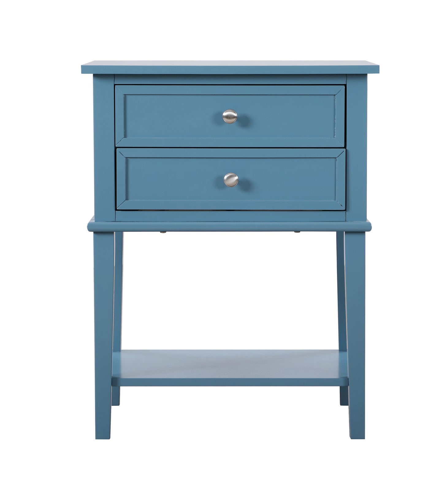 Blue wooden accent table with two drawers and an open shelf