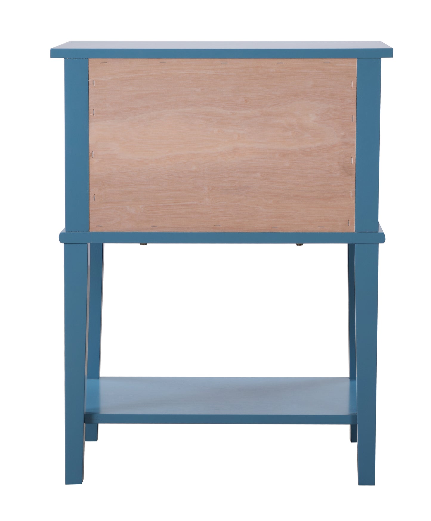 Blue painted wooden accent table with unfinished back panel and lower shelf
