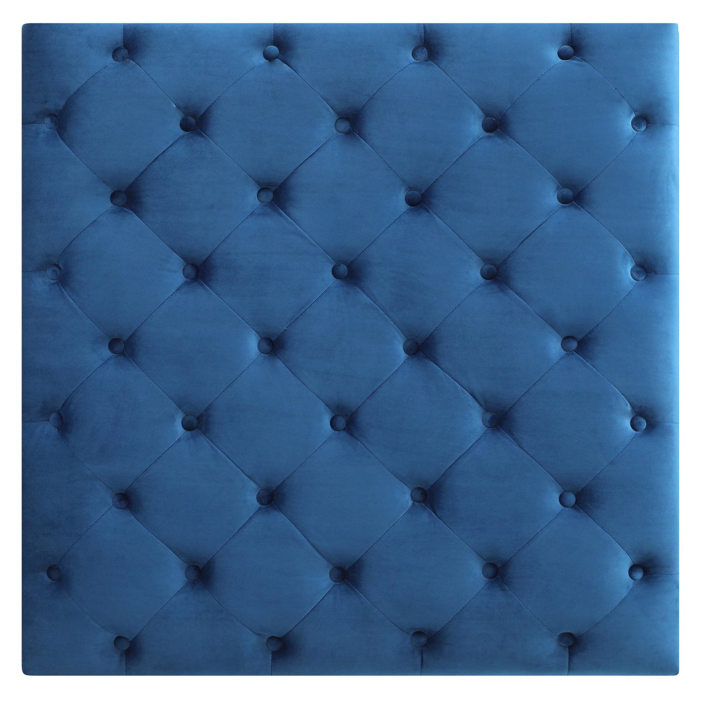 Navy blue velvet tufted headboard panel with diamond stitching detail for a luxurious bedroom