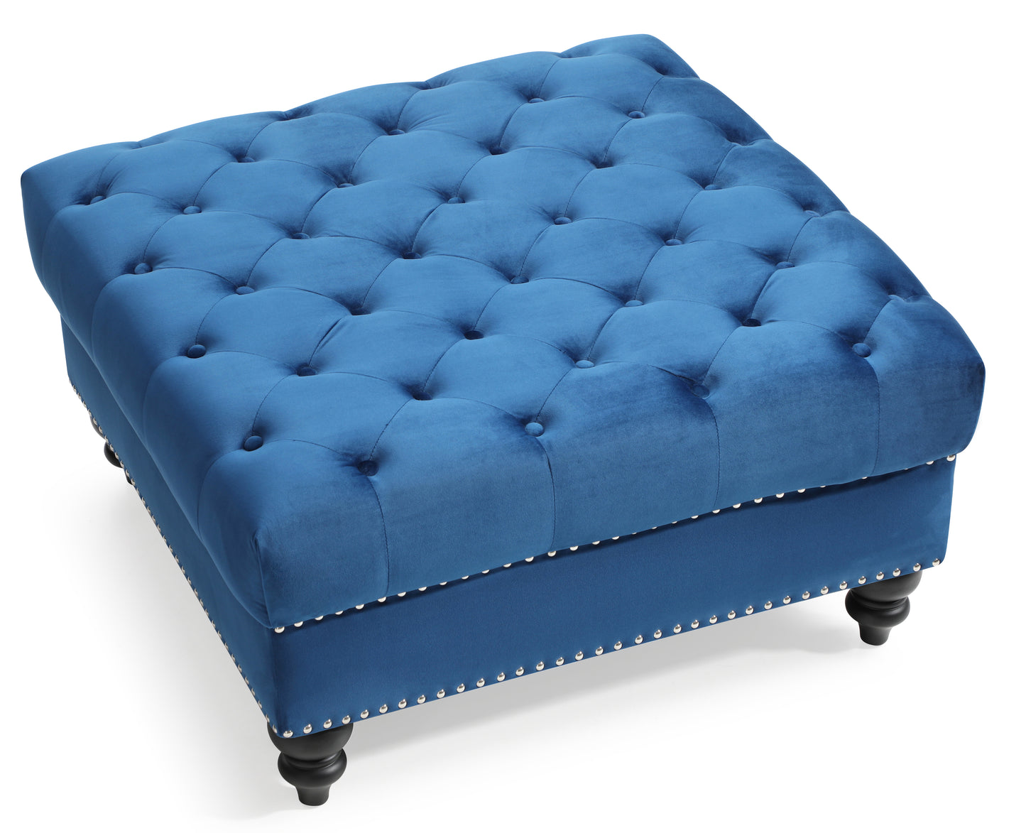 Tufted blue velvet ottoman with silver nailhead trim and dark wooden legs
