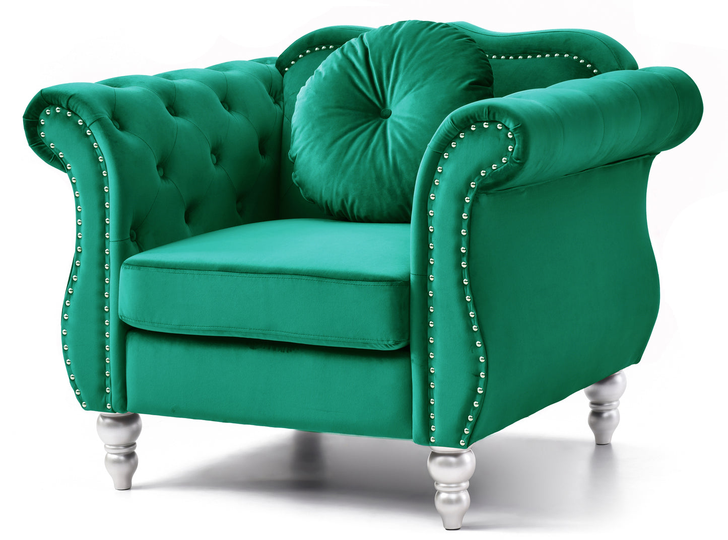 Emerald green velvet armchair with tufted back silver stud accents and round accent pillow