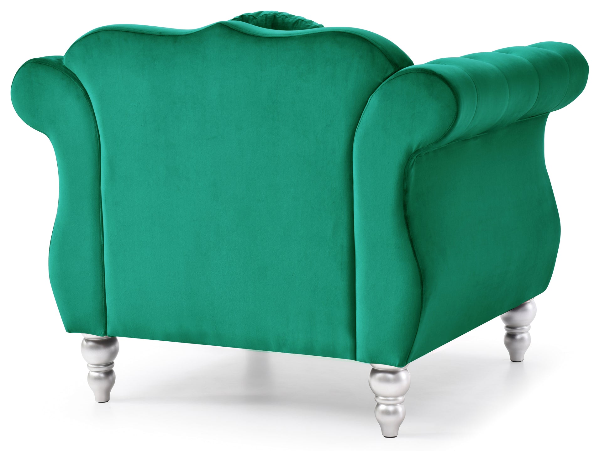 Emerald green velvet armchair with tufted back and silver carved legs