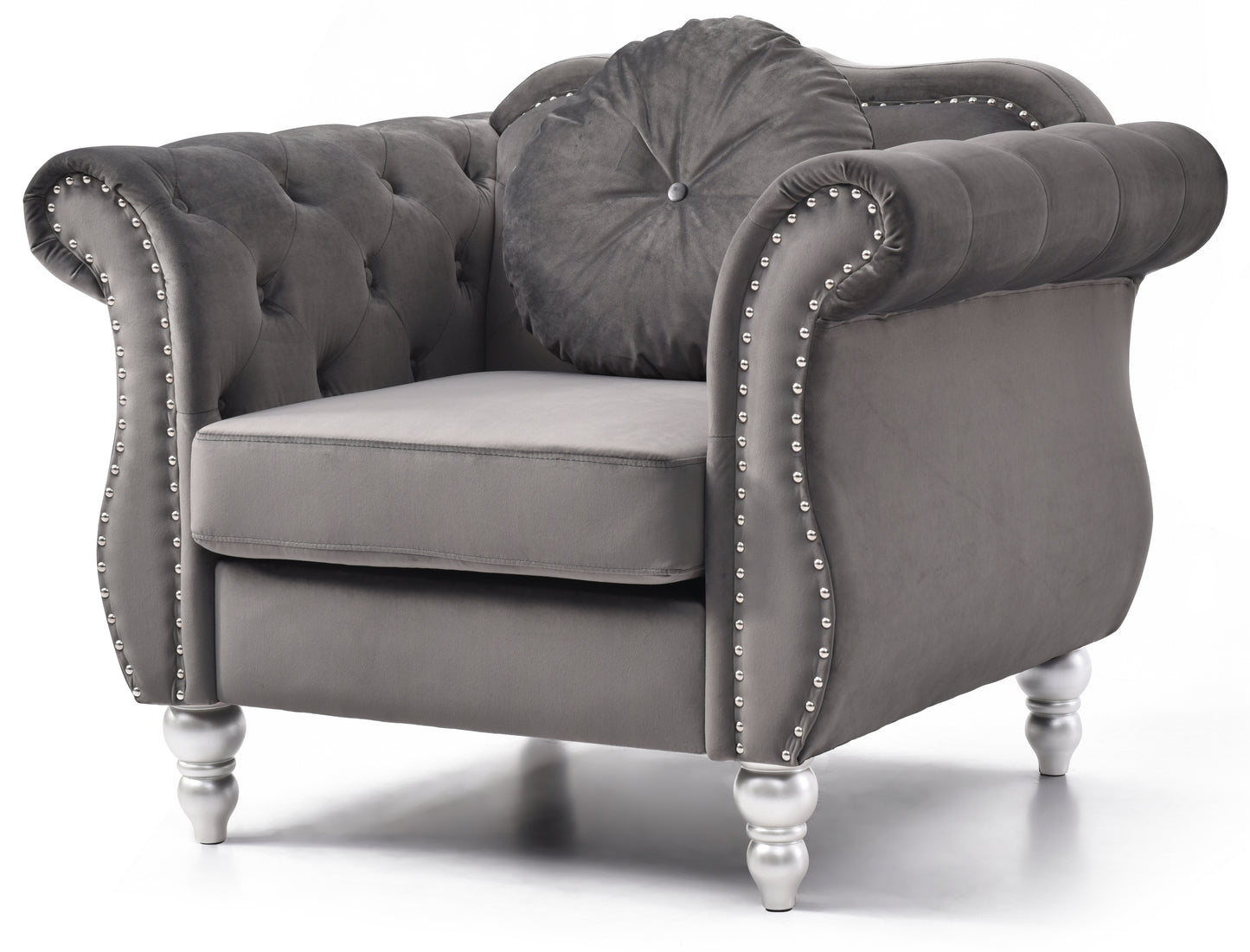 Plush grey velvet armchair with silver nailhead trim and tufted backrest