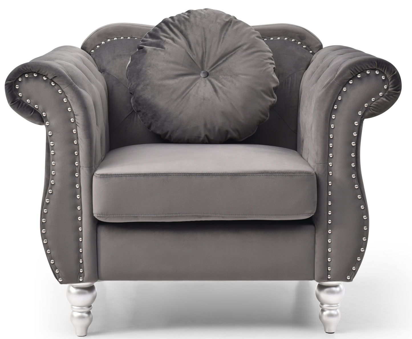 Grey velvet armchair with tufted details and silver nailhead trim elegant accent chair