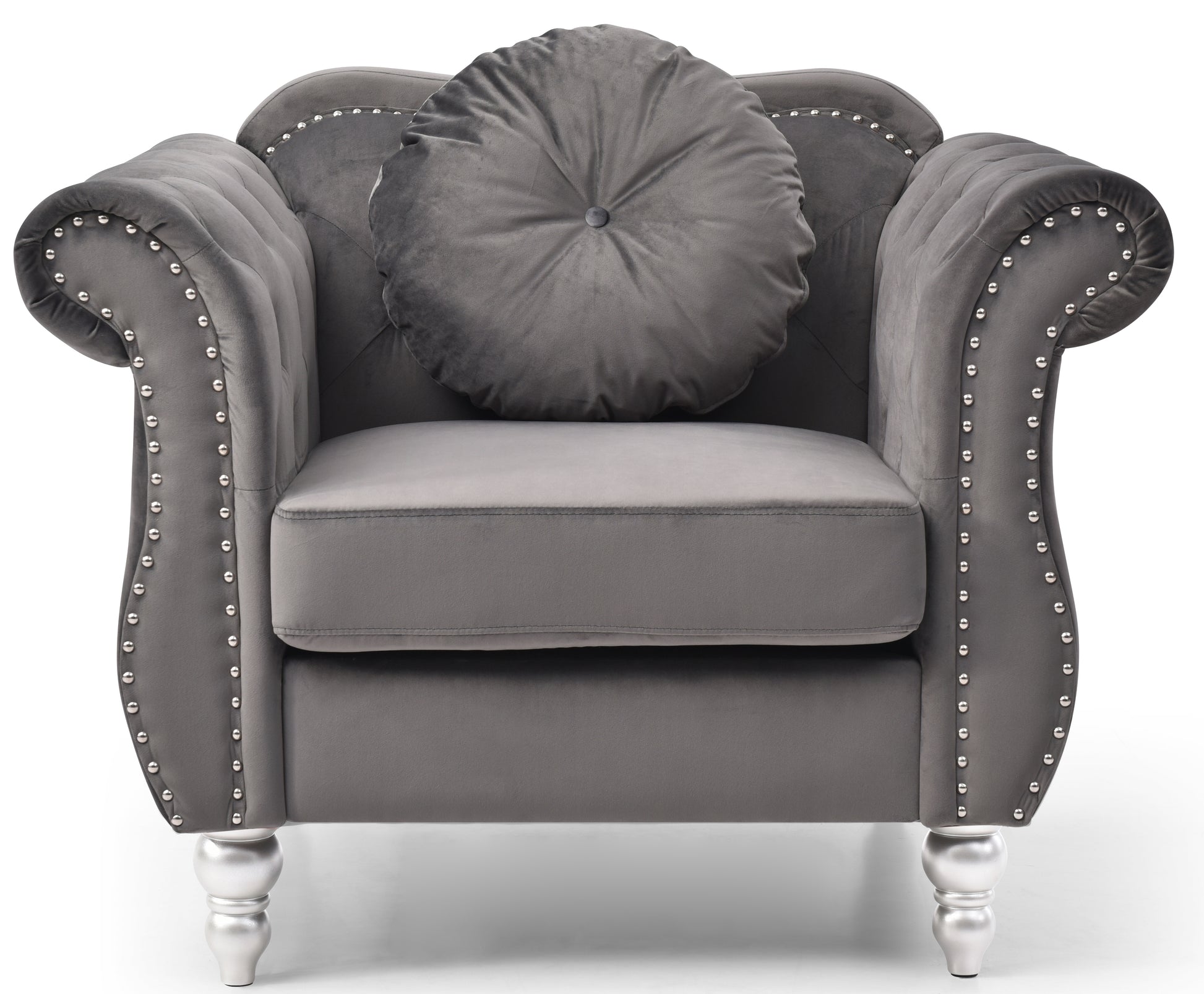 Grey velvet armchair with tufted details and silver nailhead trim elegant accent chair