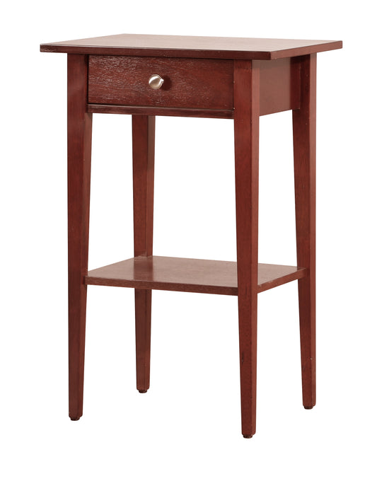 Traditional wooden side table in dark cherry finish with one drawer and lower shelf