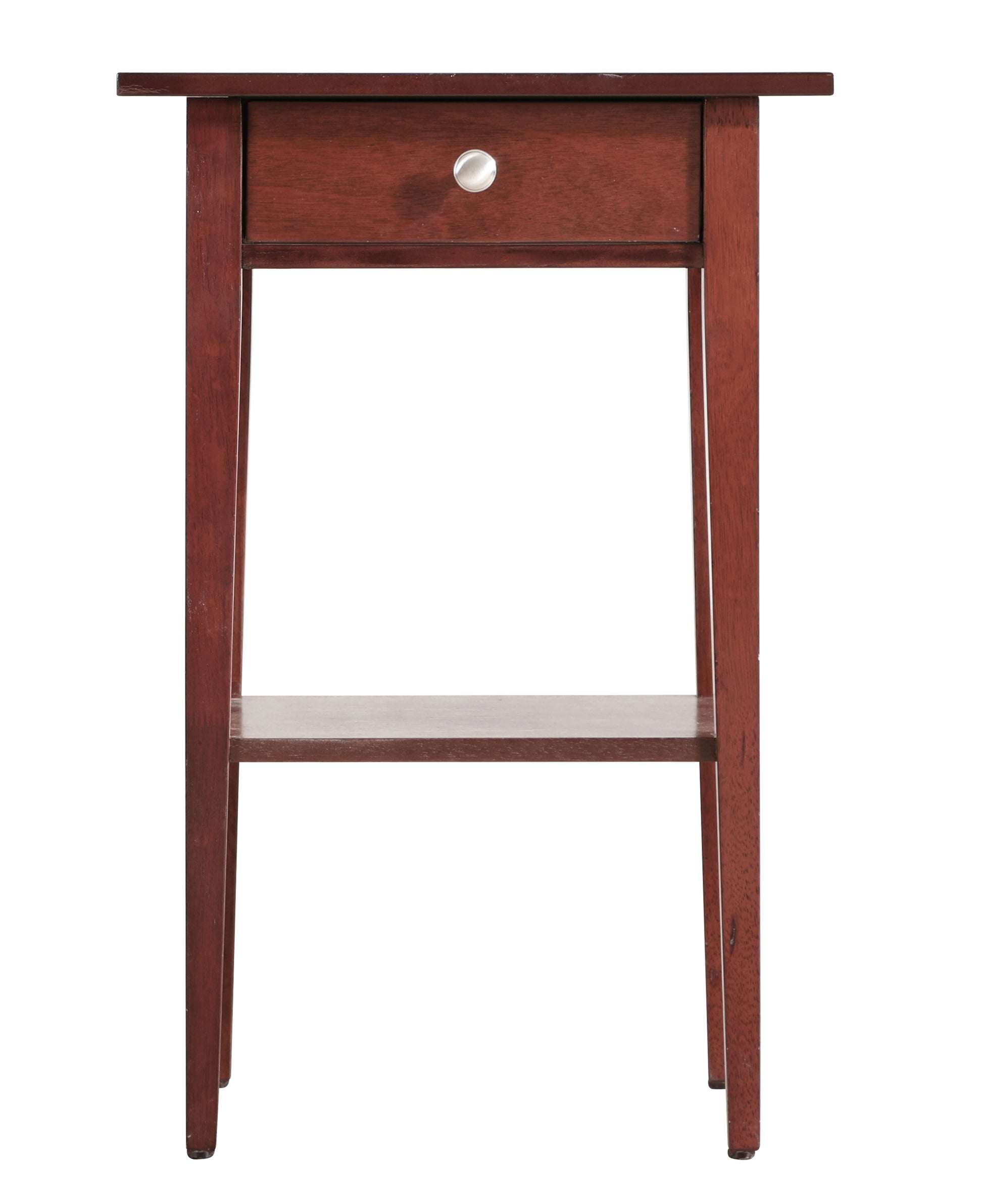 Rich brown wooden end table with a single drawer and lower shelf