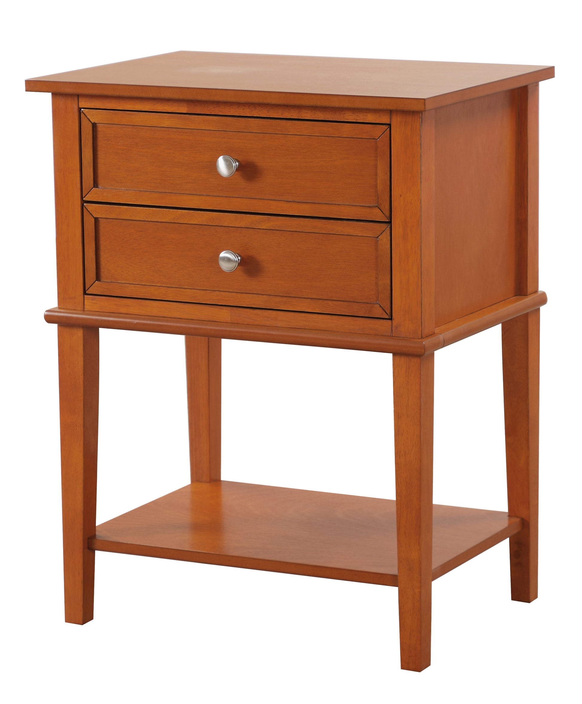 Solid wood end table with two drawers and open shelf in warm cherry finish