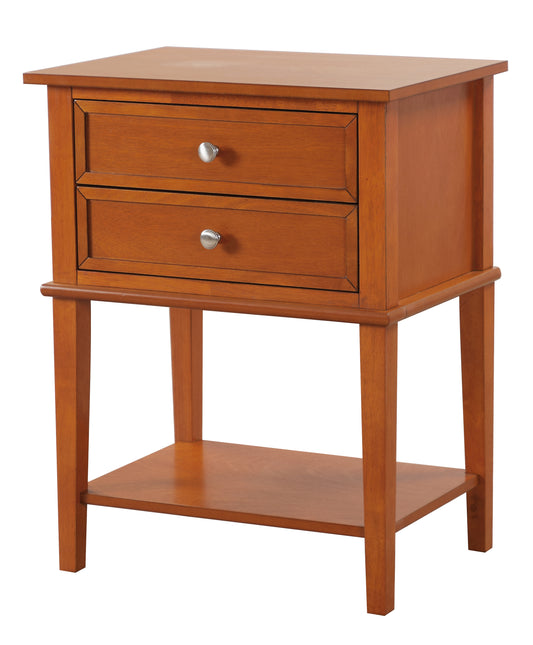 Solid wood end table with two drawers and open shelf in warm cherry finish