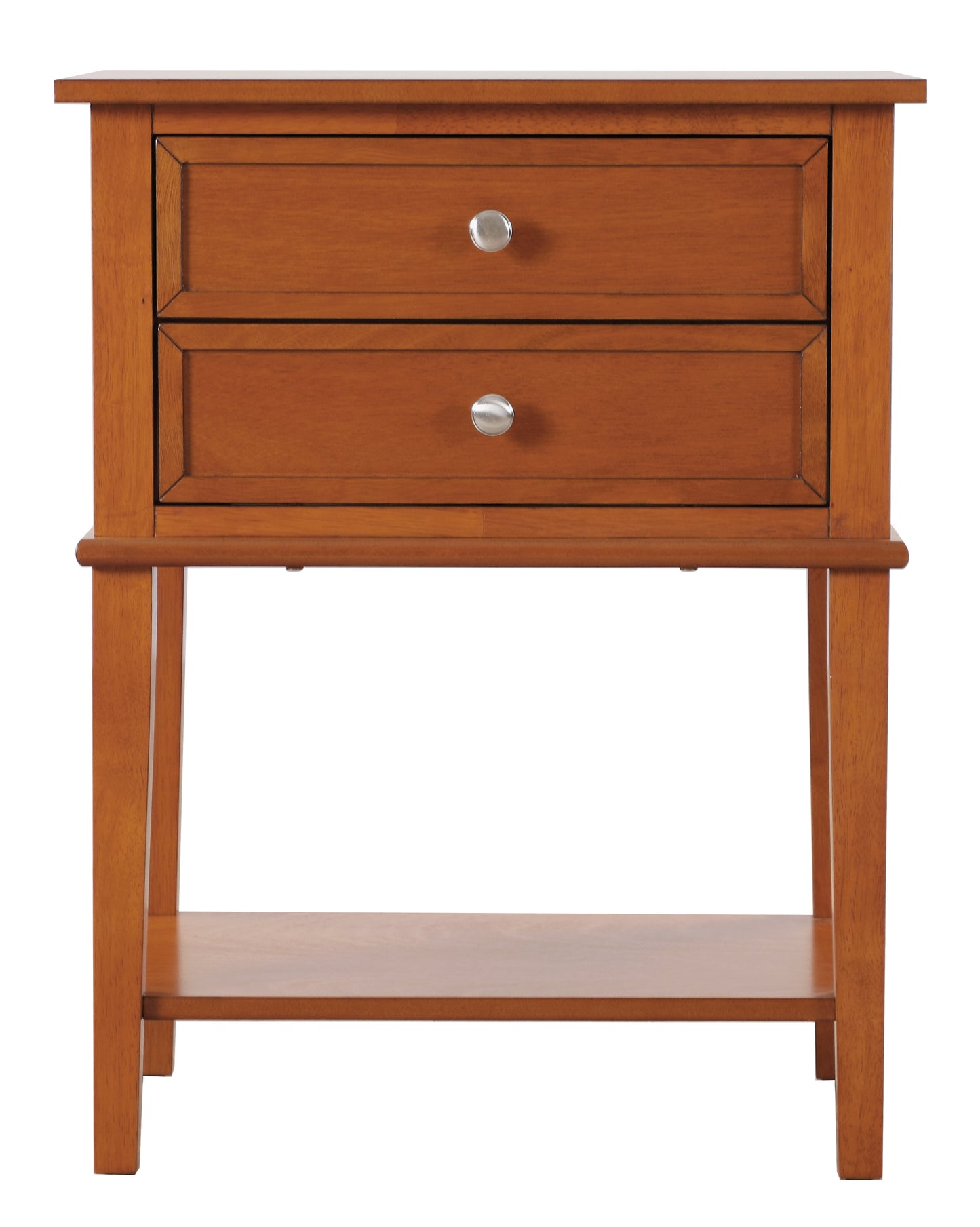 Brown wood nightstand with two drawers and open shelf