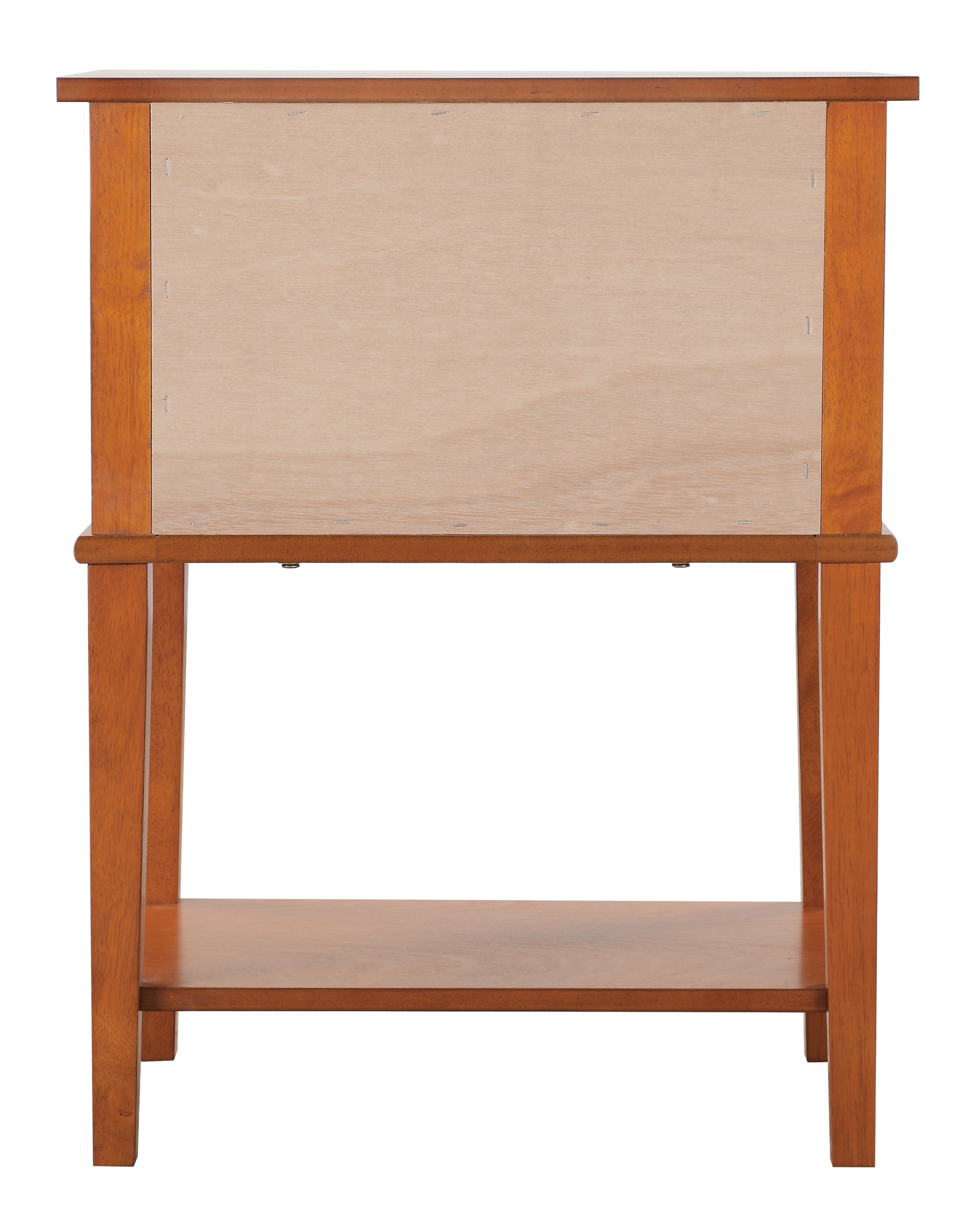 Brown wooden console table with open shelf showcasing back panel detail