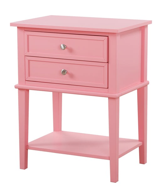 Pink wooden nightstand with two drawers and an open bottom shelf