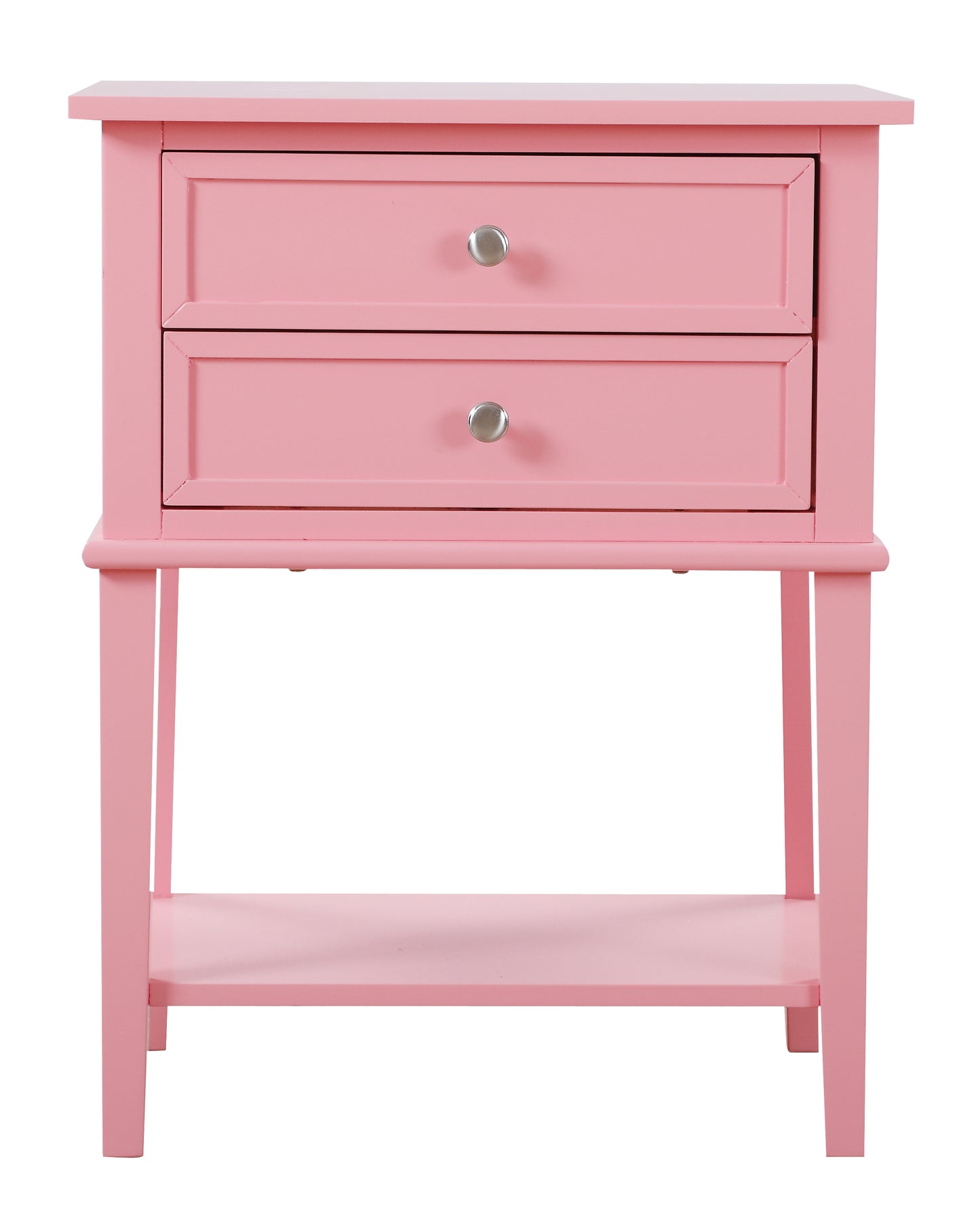Pink twodrawer nightstand with silver knobs and open shelf perfect for bedside storage