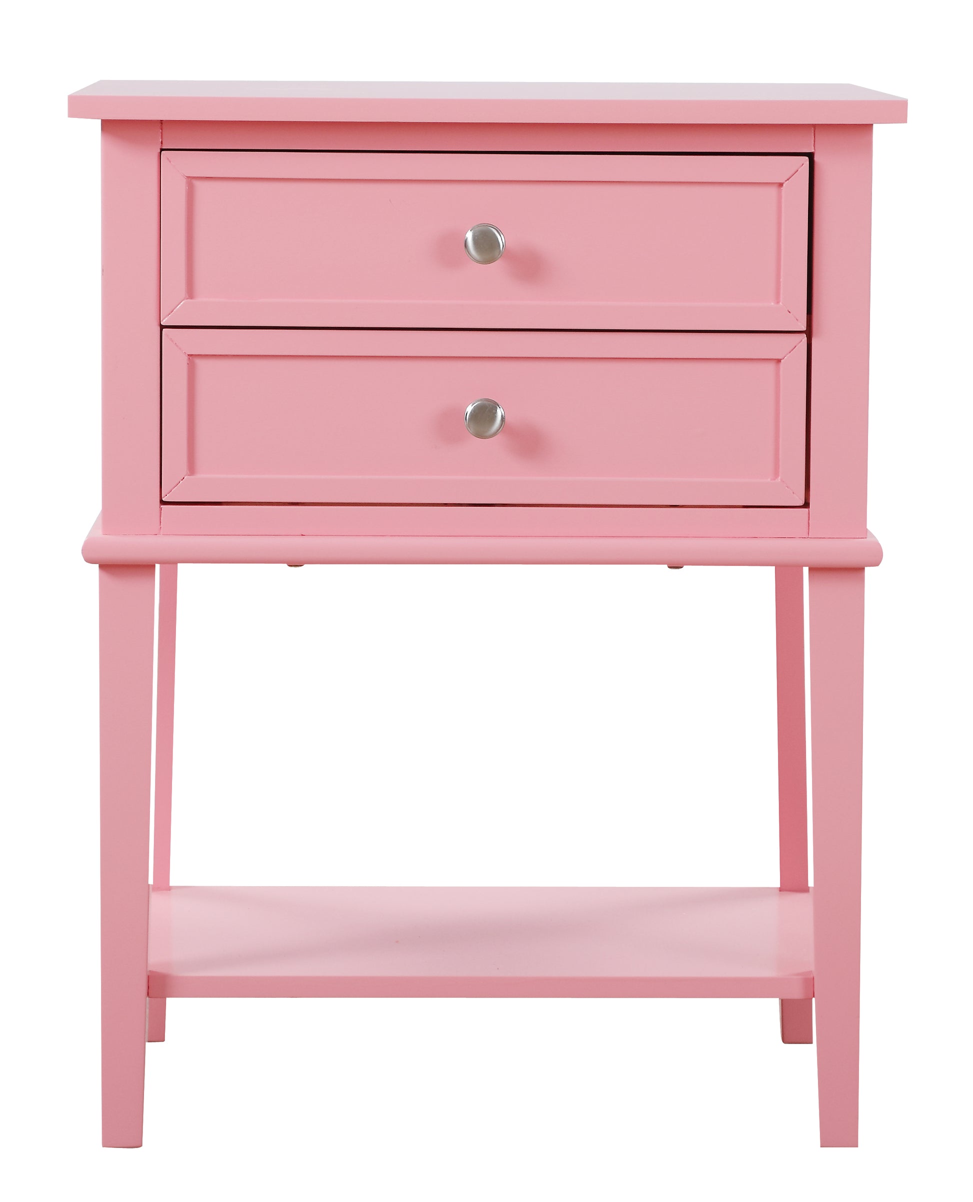 Pink twodrawer nightstand with silver knobs and open shelf perfect for bedside storage