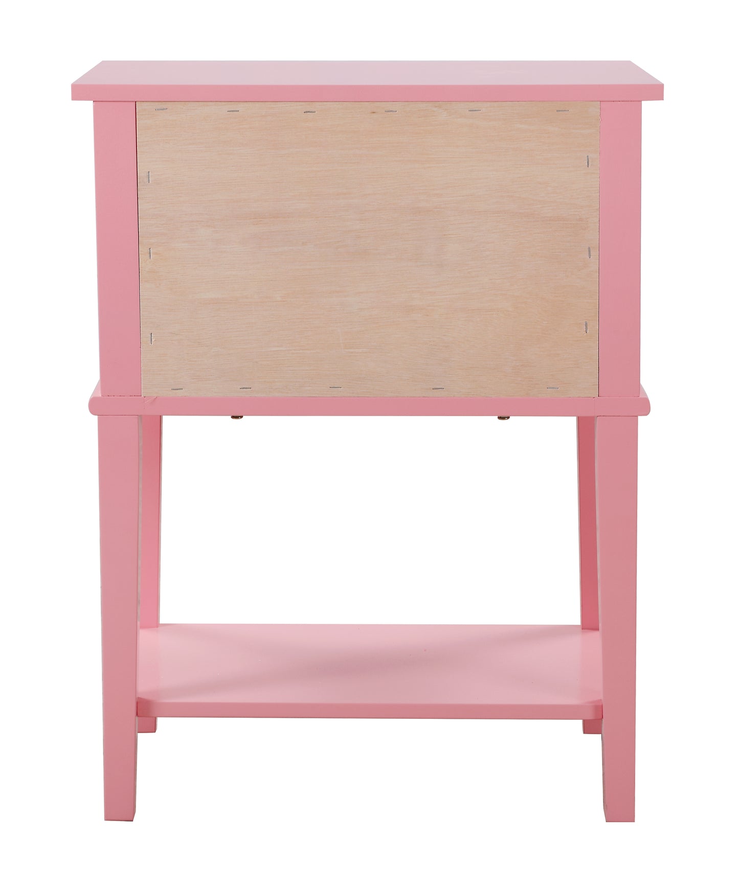 Pink painted side table with natural wood back panel