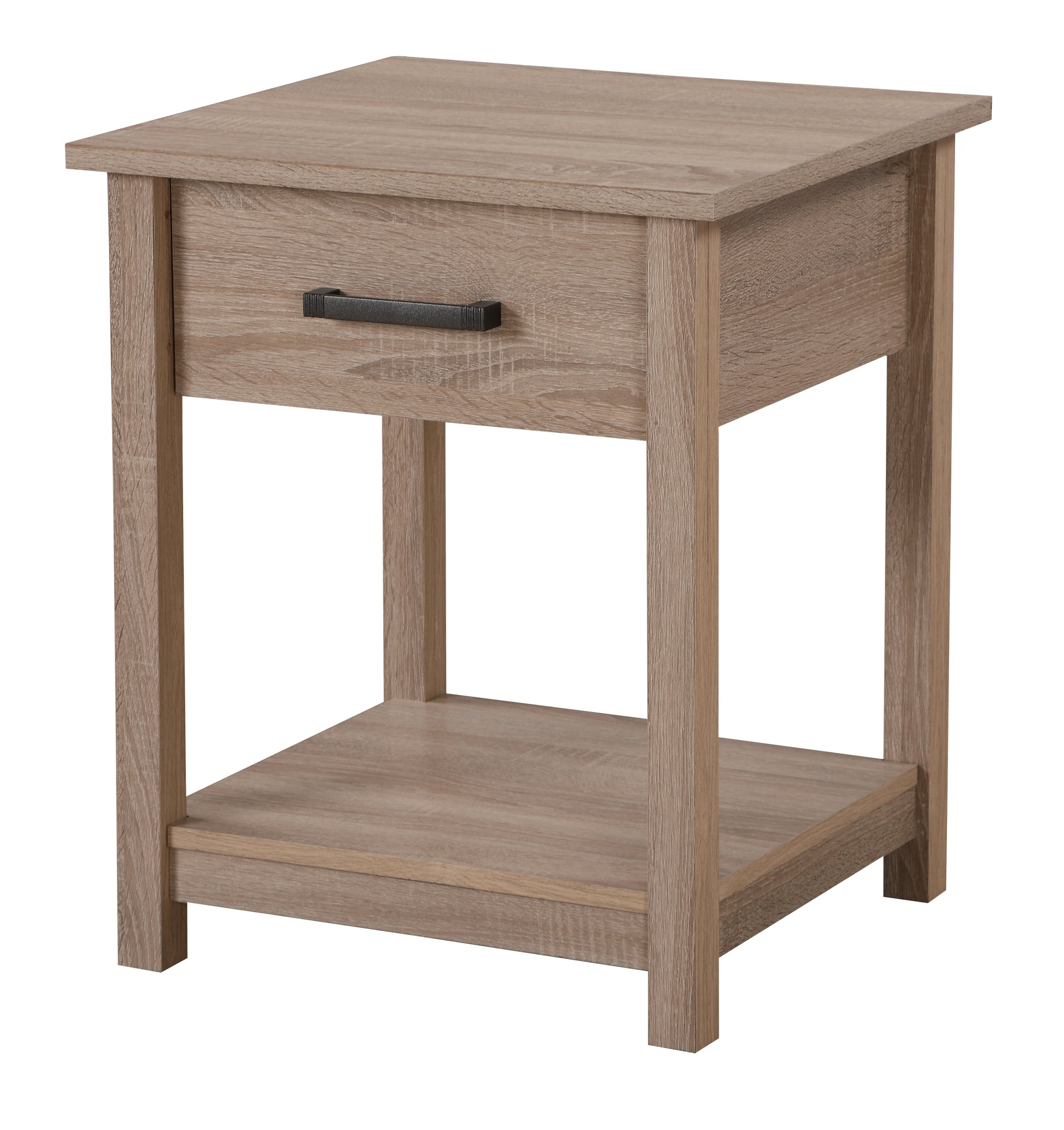 Light brown wood grain nightstand with drawer and open shelf