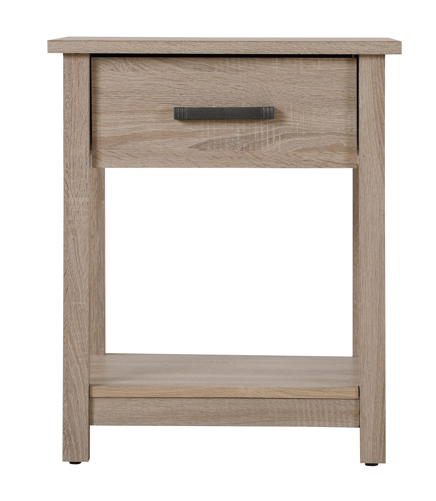 Light oak effect bedside table with one drawer and an open shelf