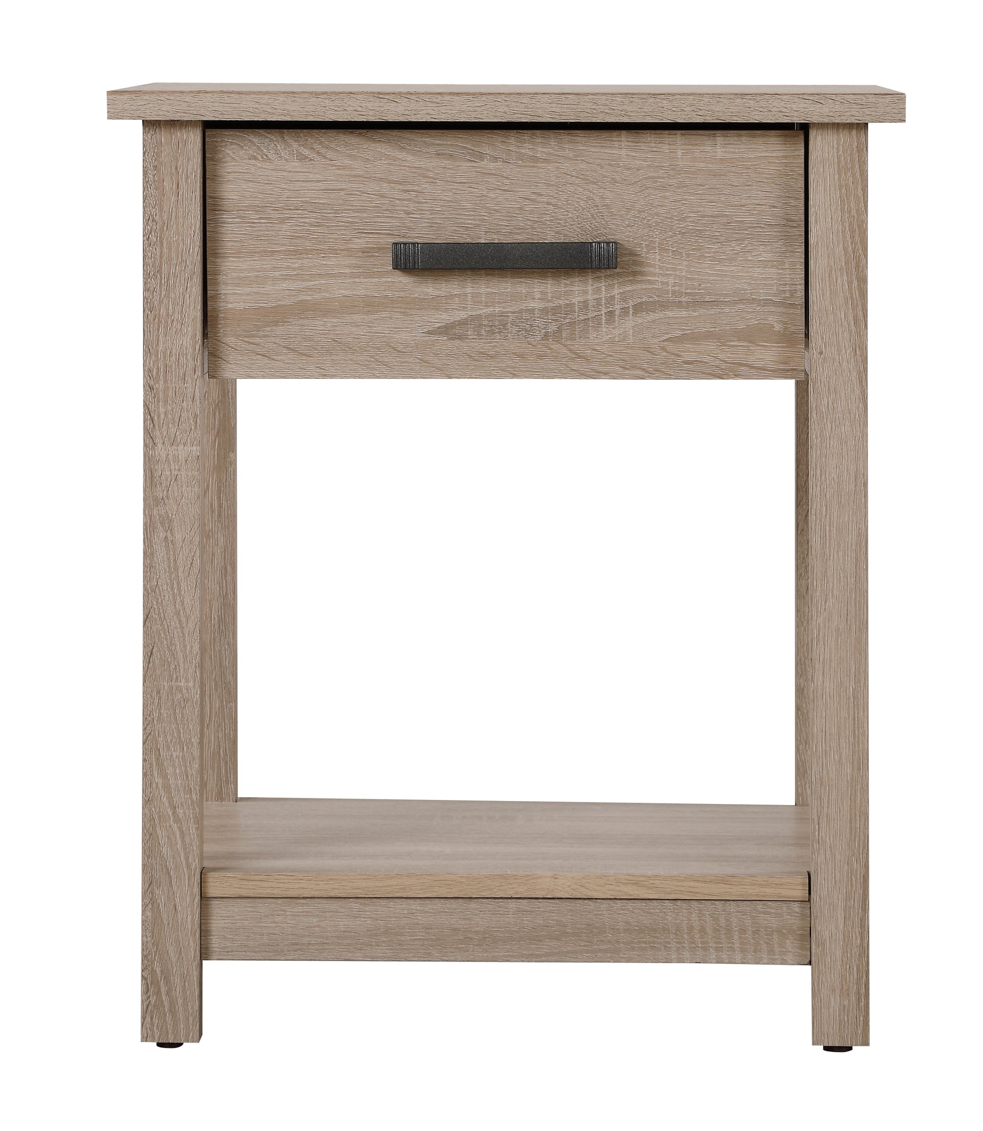 Light oak effect bedside table with one drawer and an open shelf